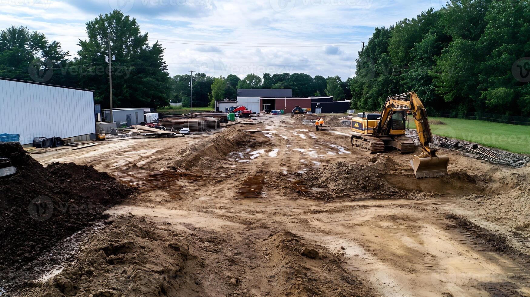 Construction Site with Heavy Machinery Preparing Groundwork for New Infrastructure Development photo
