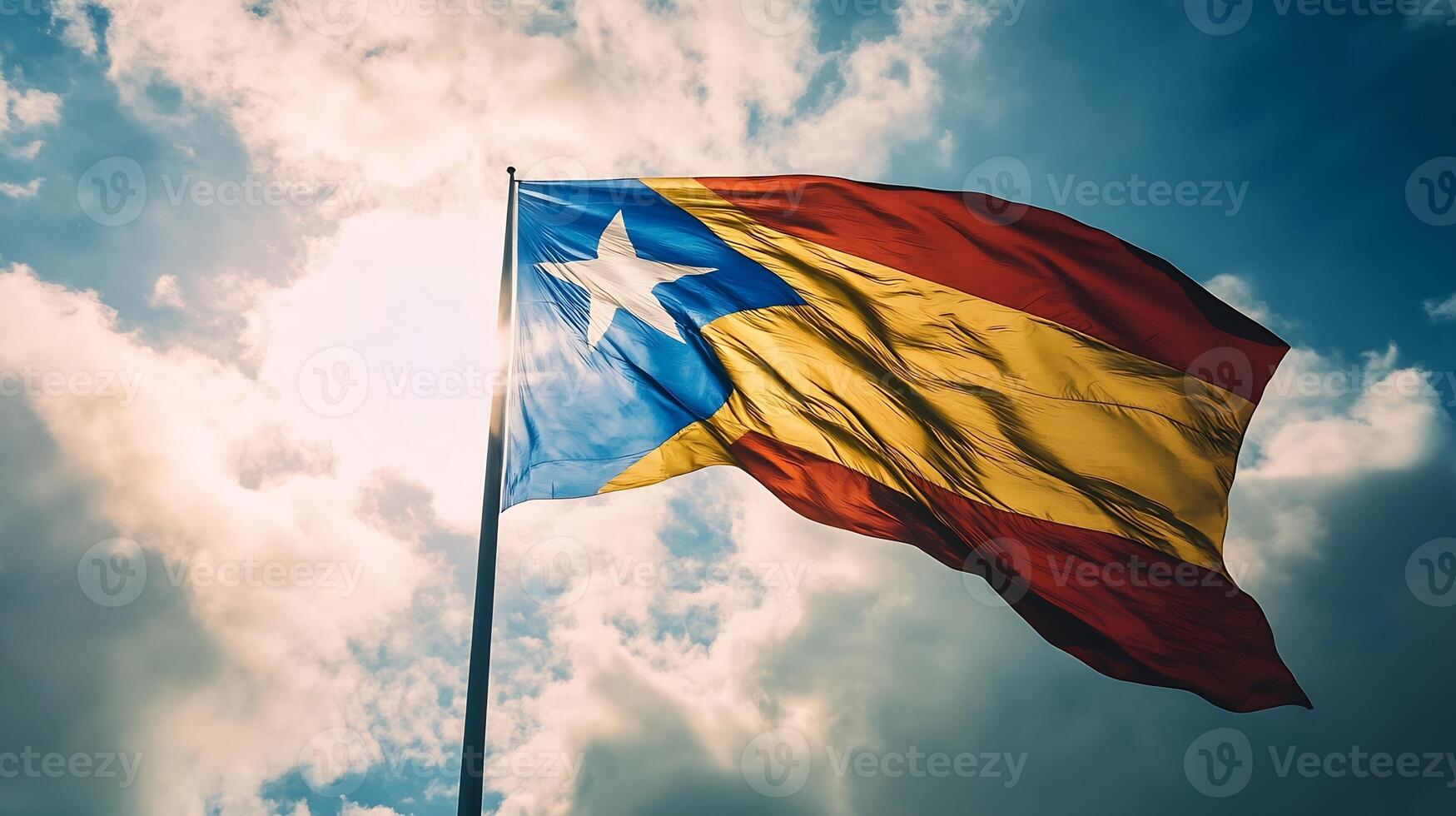 Lone Multi-Colored Flag Waving Majestically Against a Dramatic Cloudy Sky Background photo