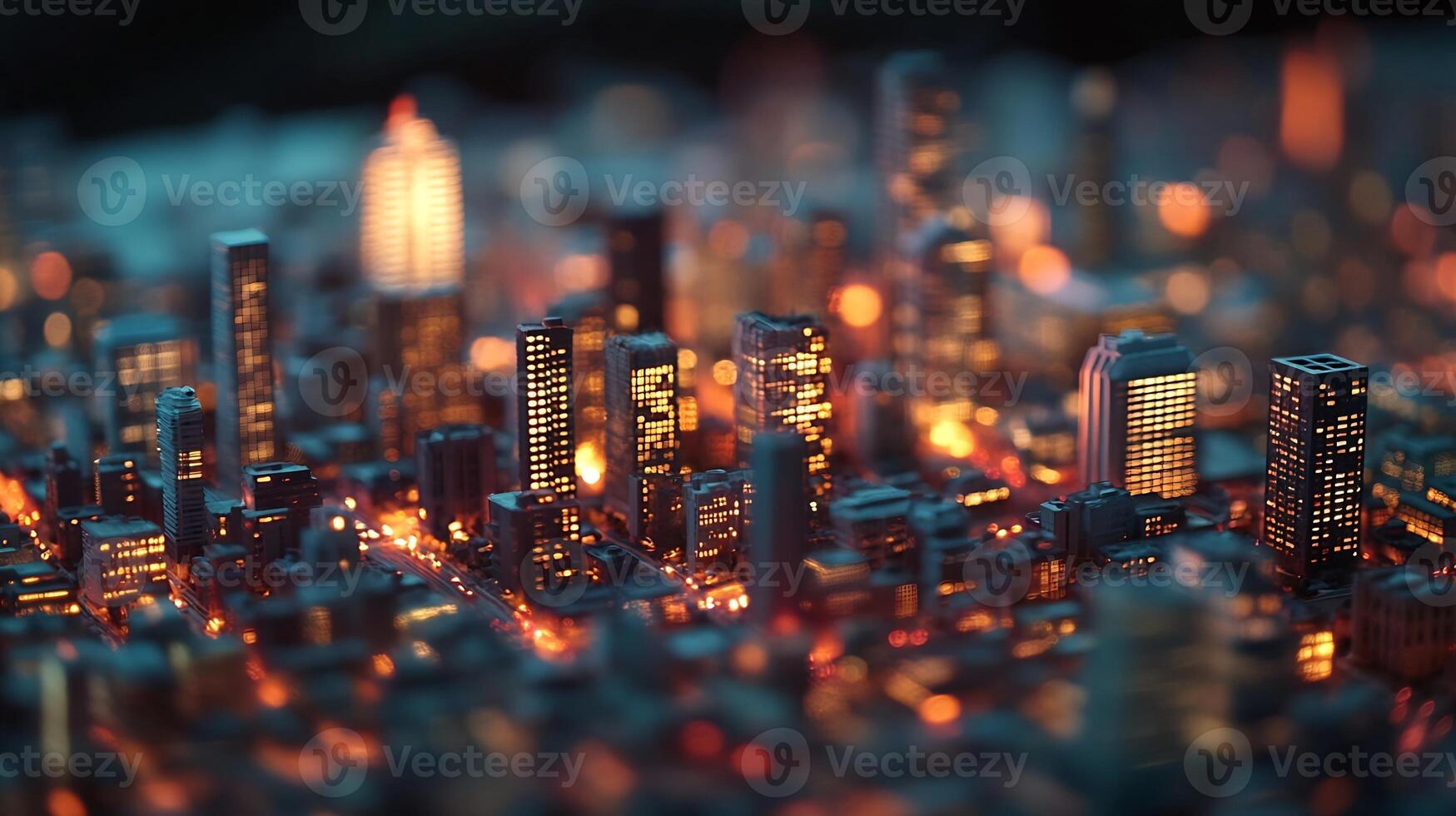 Miniature City in Warm Evening Light with Illuminated Skyscrapers Creating a Glowing Urban Landscape photo