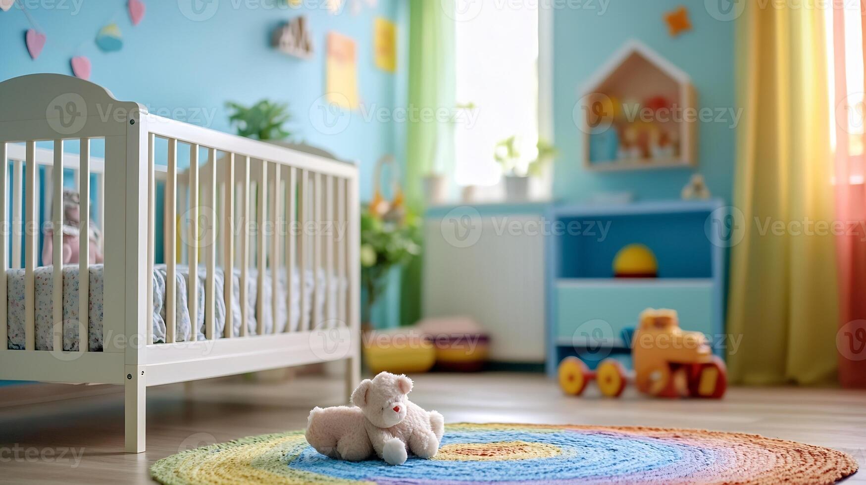 Bright Cheerful Childs Bedroom with White Crib and Soft Toy on a Colorful Circular Rug photo