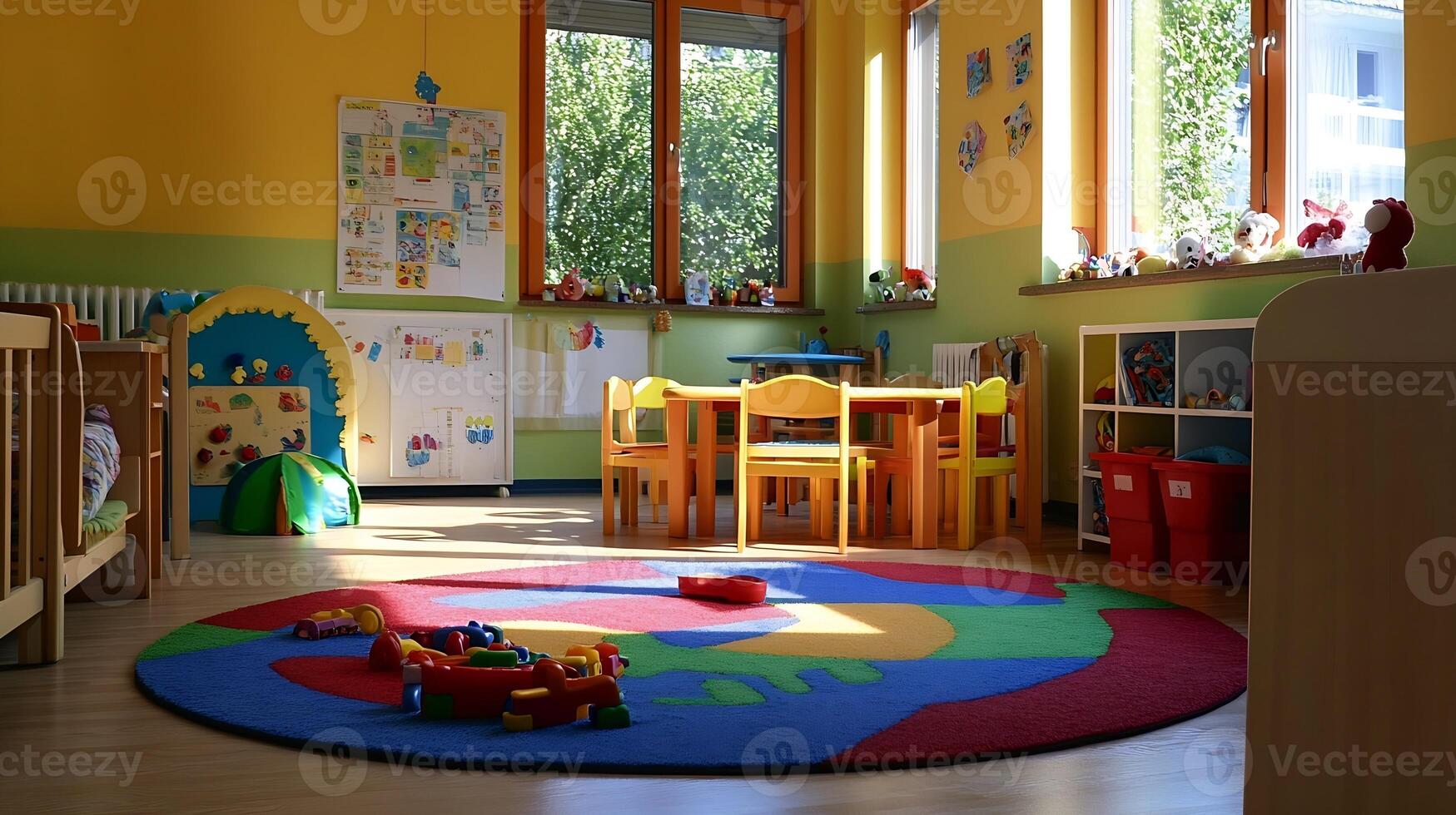 Bright and Colorful Preschool Classroom with Educational Toys and Art on Walls photo