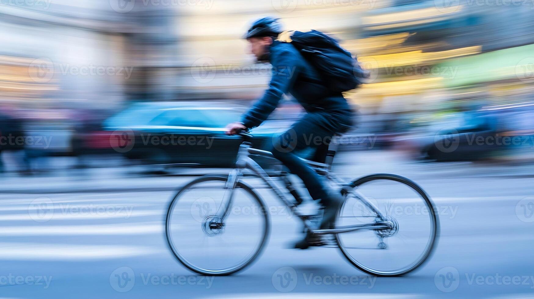 Cyclist in Urban City Setting Riding Fast with Motion Blur and Dynamic Movement photo