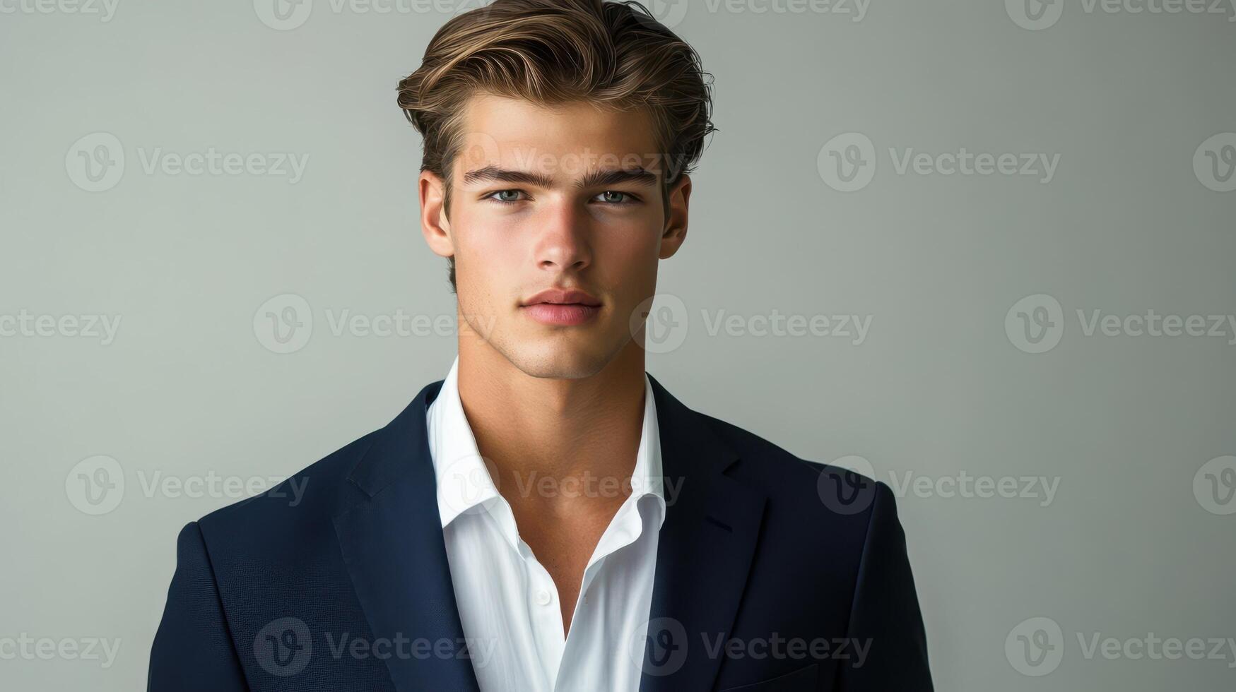 Confident young male with stylish attire posing in modern suit for professional portrait photo