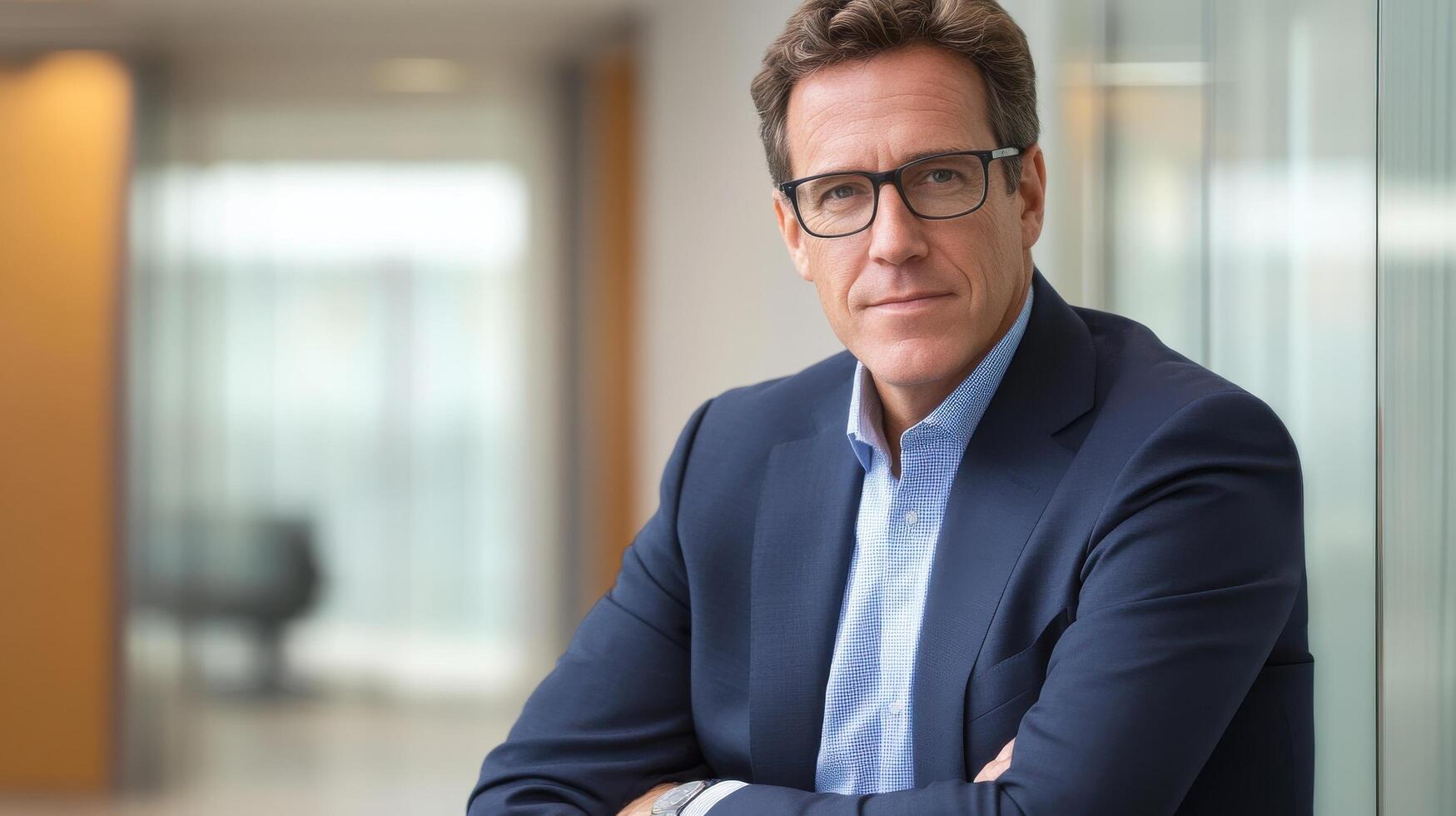 Confident businessman with glasses standing in office hallway photo
