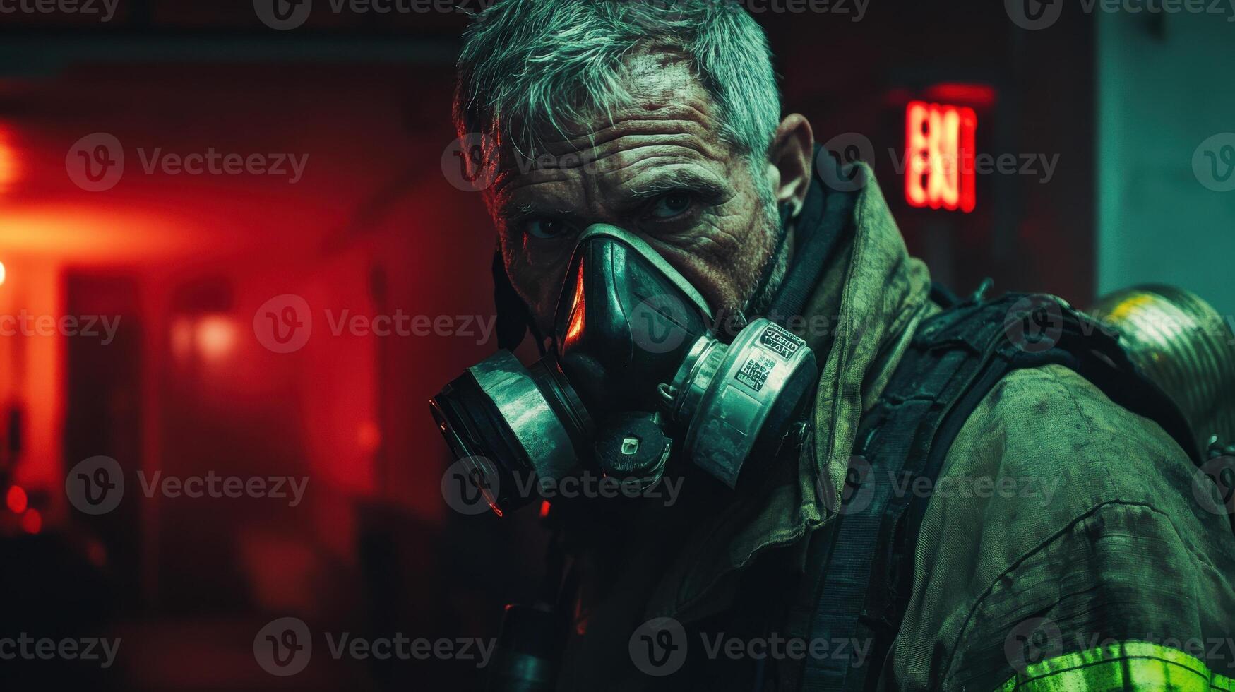 Firefighter in gas mask in dimly lit environment with red emergency exit sign photo