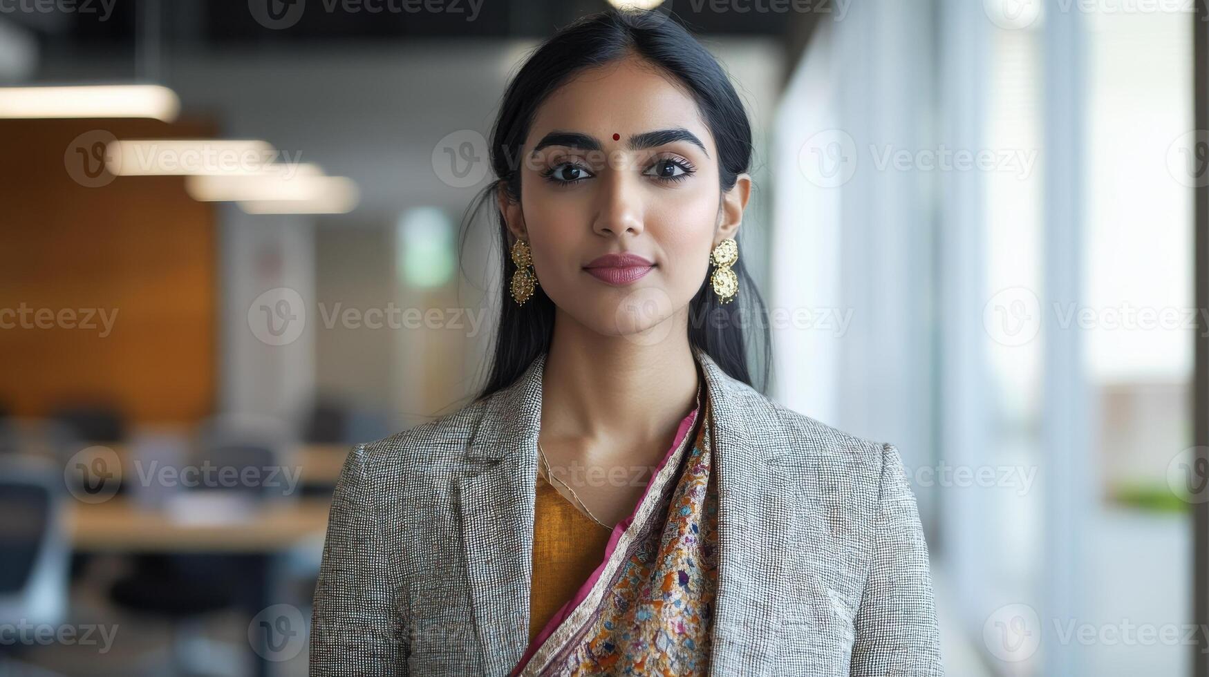 Confident indian businesswoman in traditional attire in modern office setting photo
