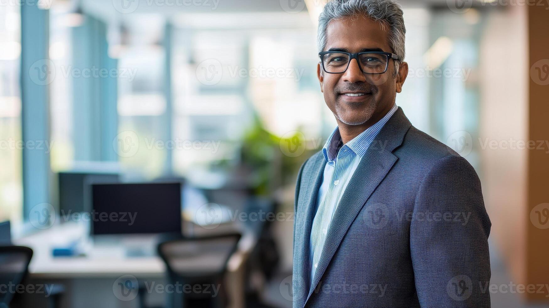 Confident businessman in modern office setting with natural light photo