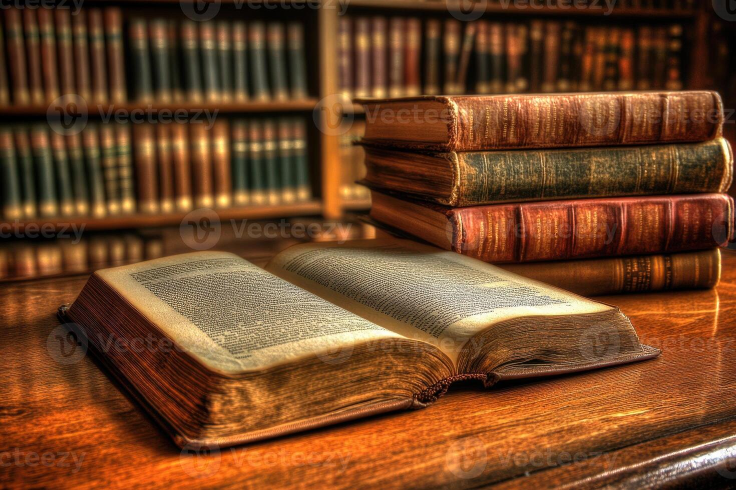 Old books and an open volume on a wooden table in a dimly lit library setting photo
