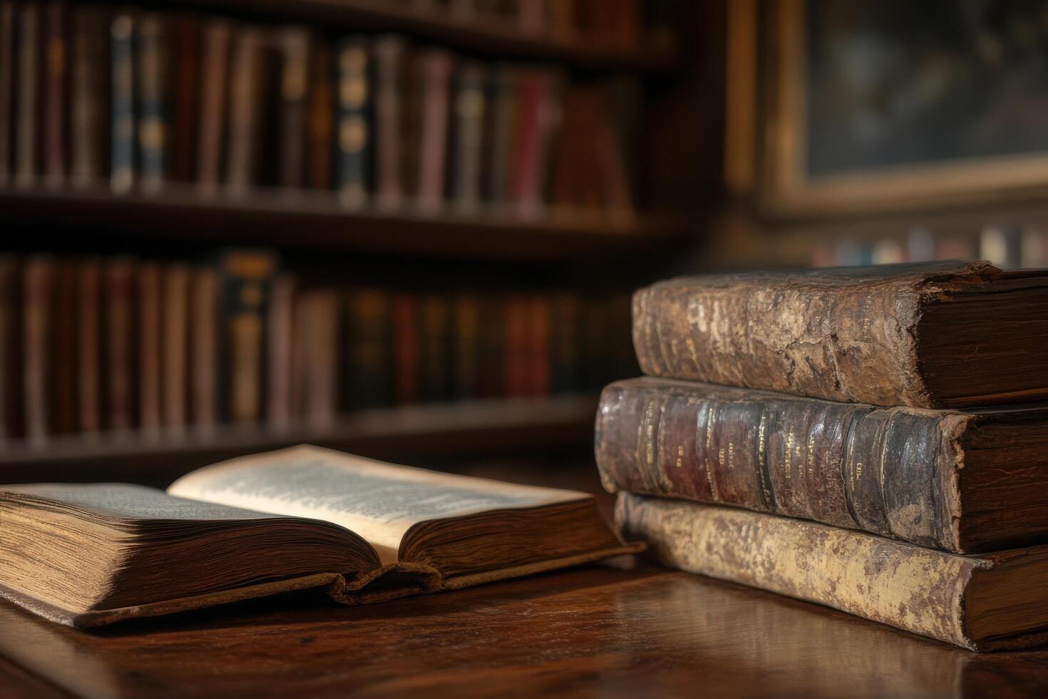 Ancient leather-bound books and open journal in historical library setting photo