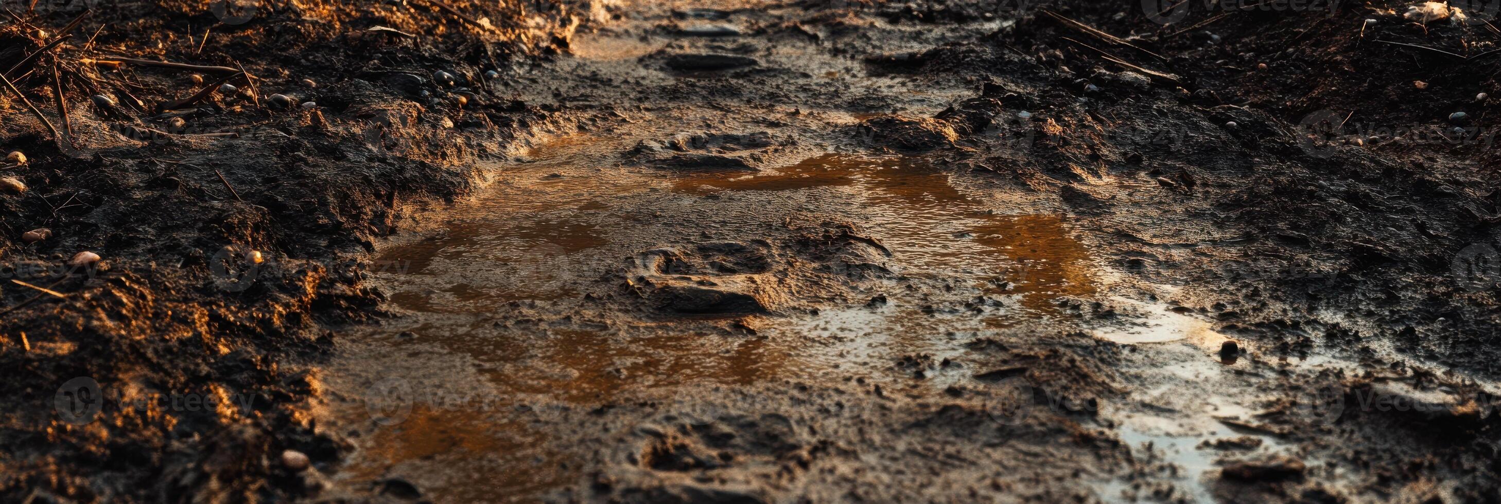 Close-up of muddy path with puddles in natural outdoor setting after rain photo