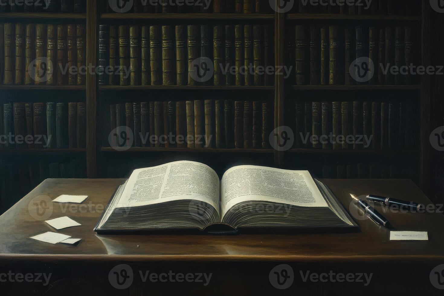 Open book on wooden desk in dimly lit library with shelves of old books photo