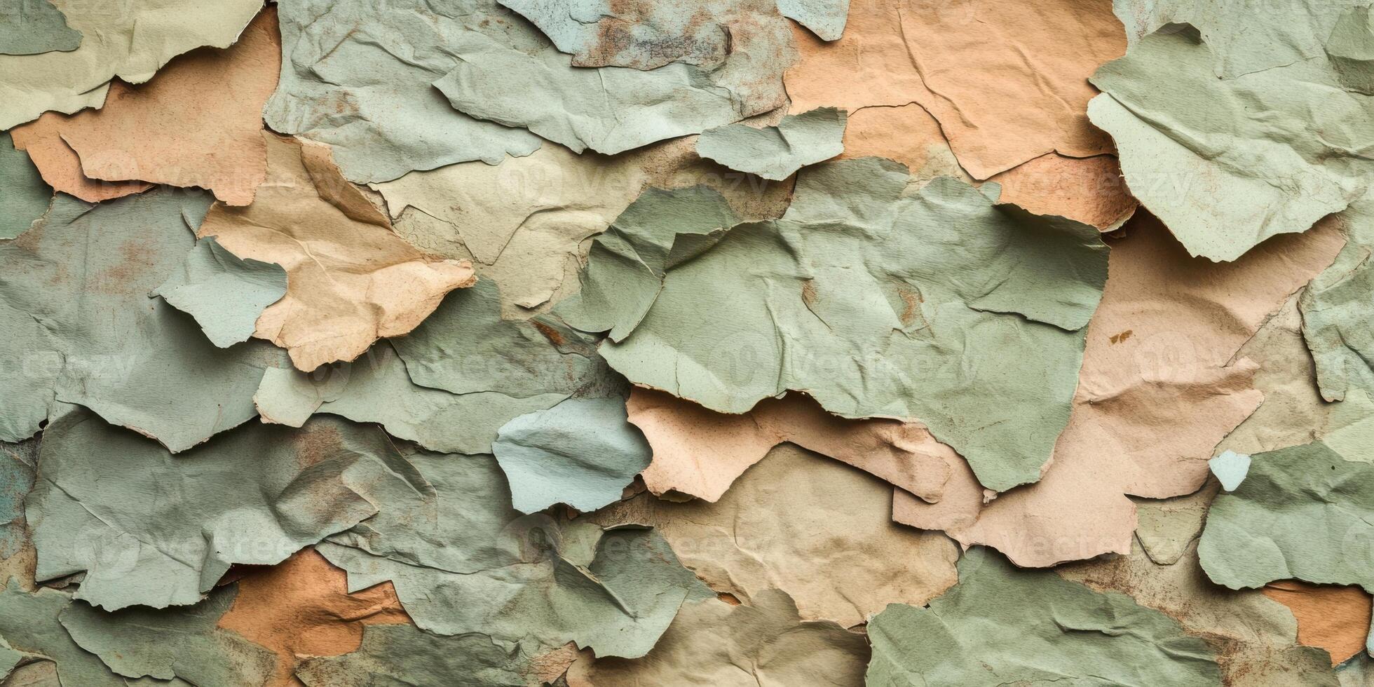 Textured abstract pattern of torn pastel paper layers in varied tones photo