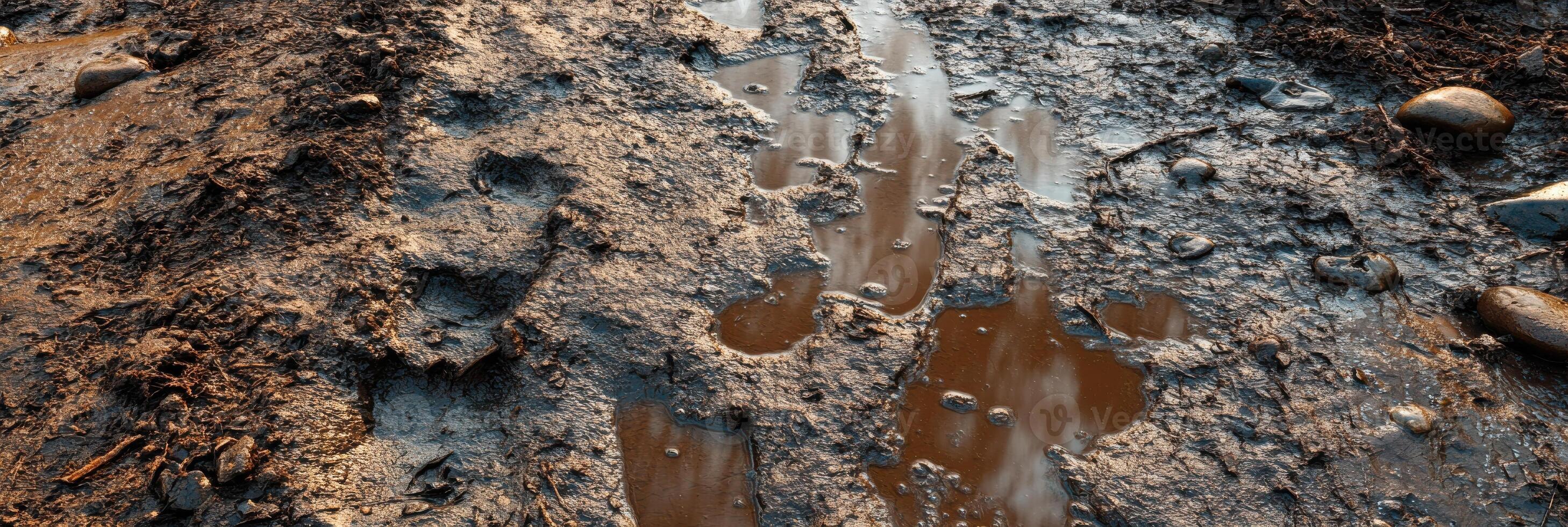 Muddy trail with animal footprints and small rocks in wet earth surface photo