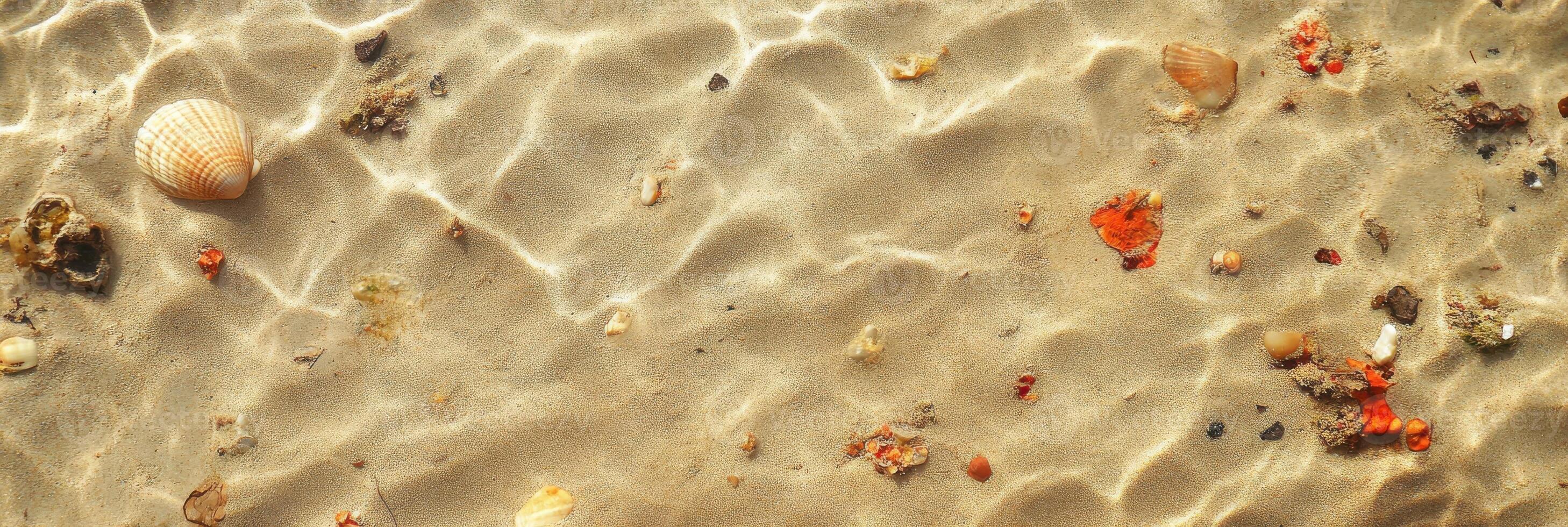 Sunlit sandy seafloor with shells and coral creating a natural oceanic pattern photo