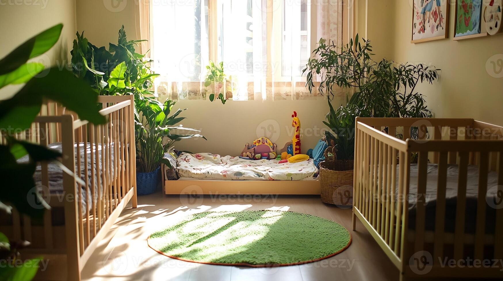 Cozy Nursery Room With Soft Natural Light Filled With Lush Green Plants and Wooden Cribs photo