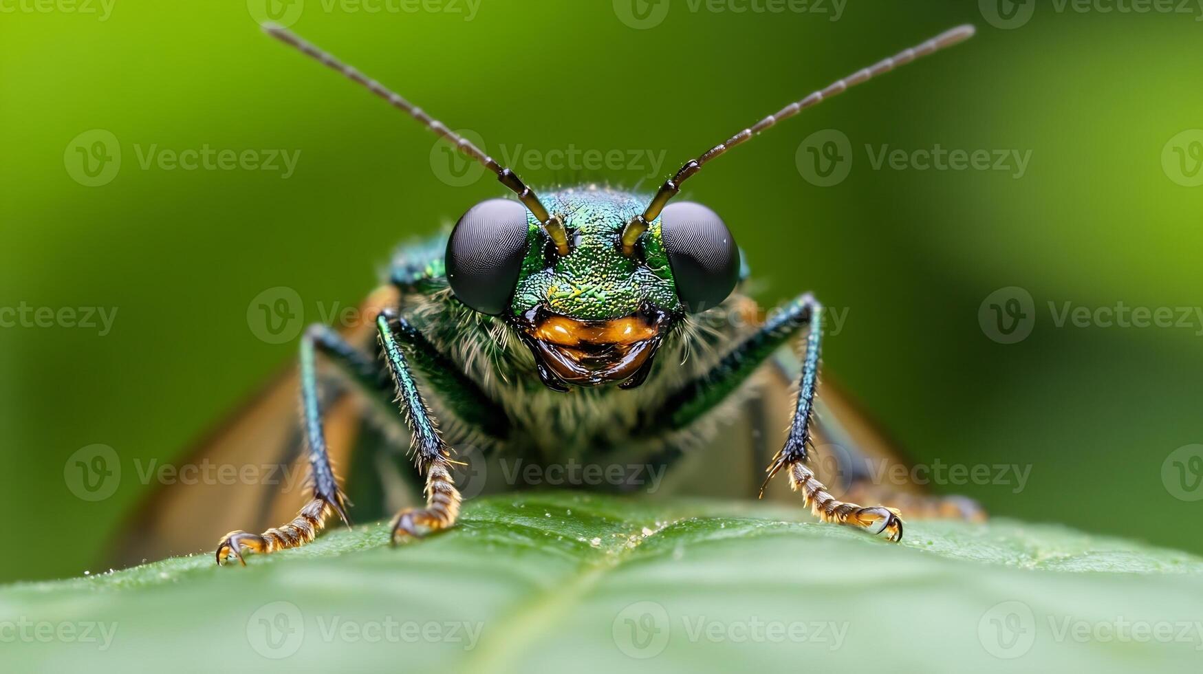 Close Up of Vibrant Green Wasp on Leaf Highlighting Nature and Insect Life photo
