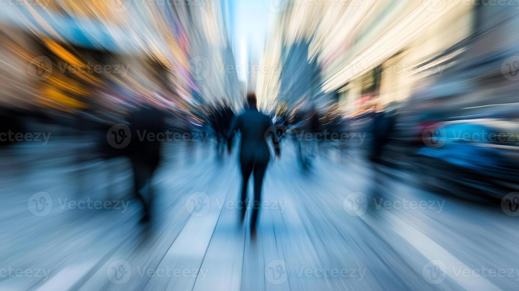 Blurred motion effect city street scene capturing busy urban life and movement photo