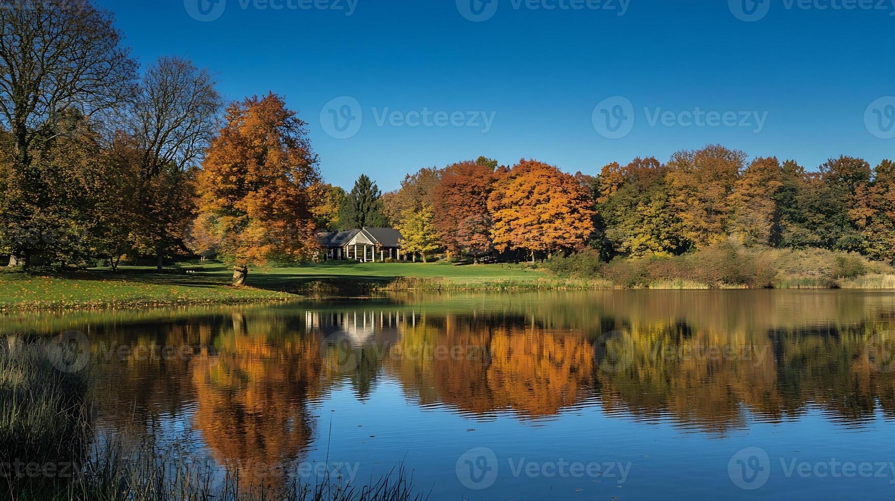 Vibrant autumn landscape with lake reflection and colorful foliage on a clear blue sky day photo