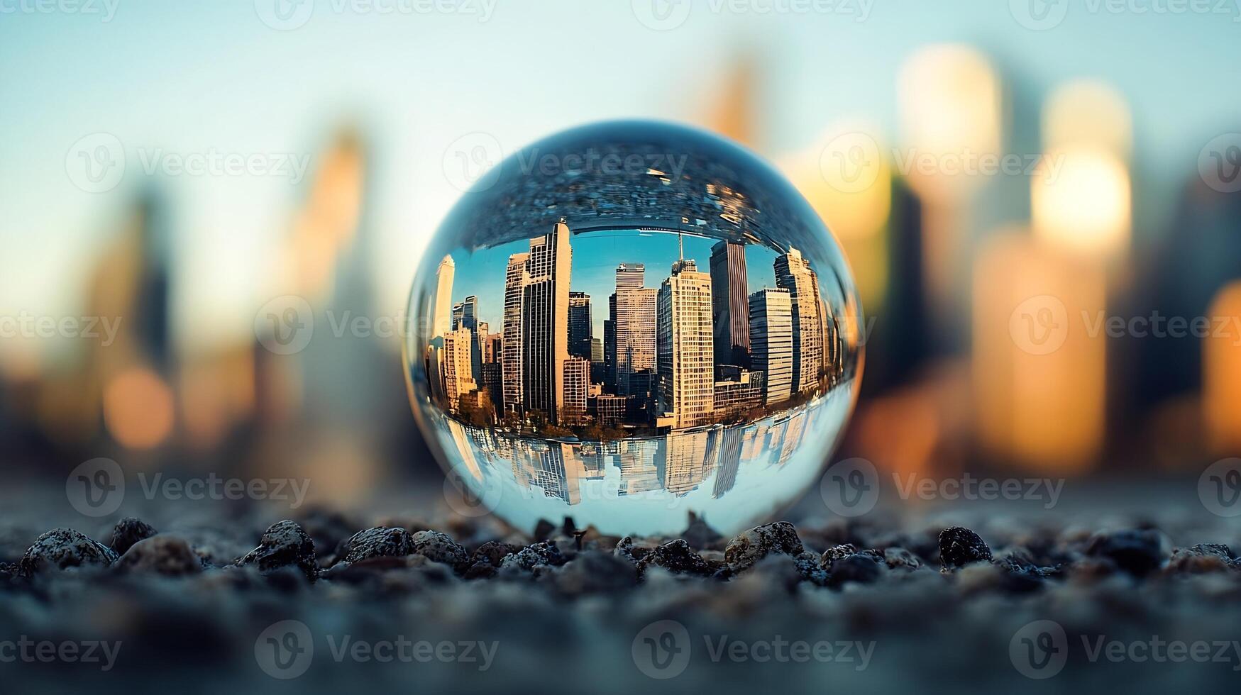 Crystal Ball Reflecting City Skyline with Blurred Background in Urban Environment photo