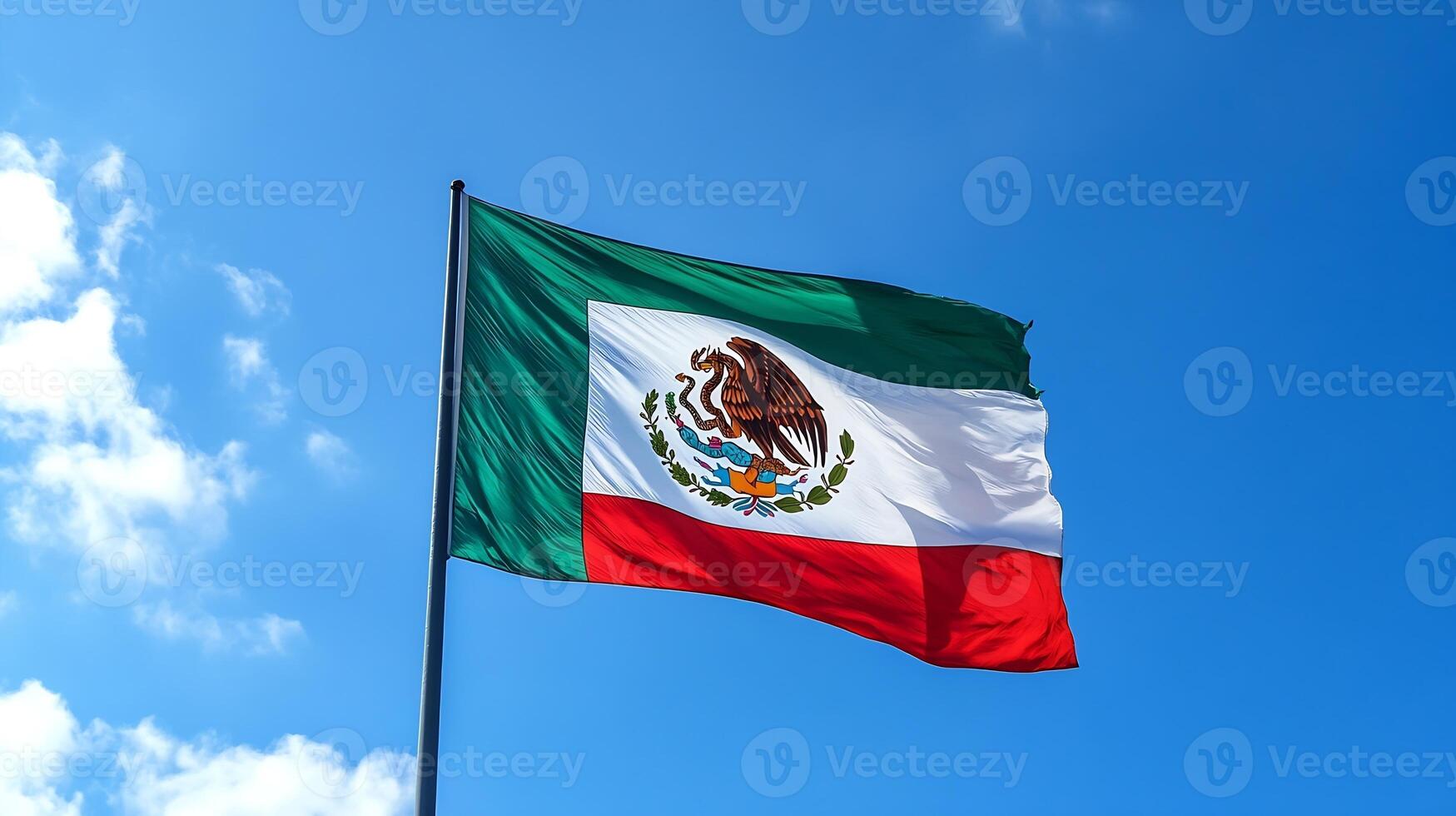 Mexican Flag with Eagle in Bright Sky Highlighting National Pride and Heritage photo