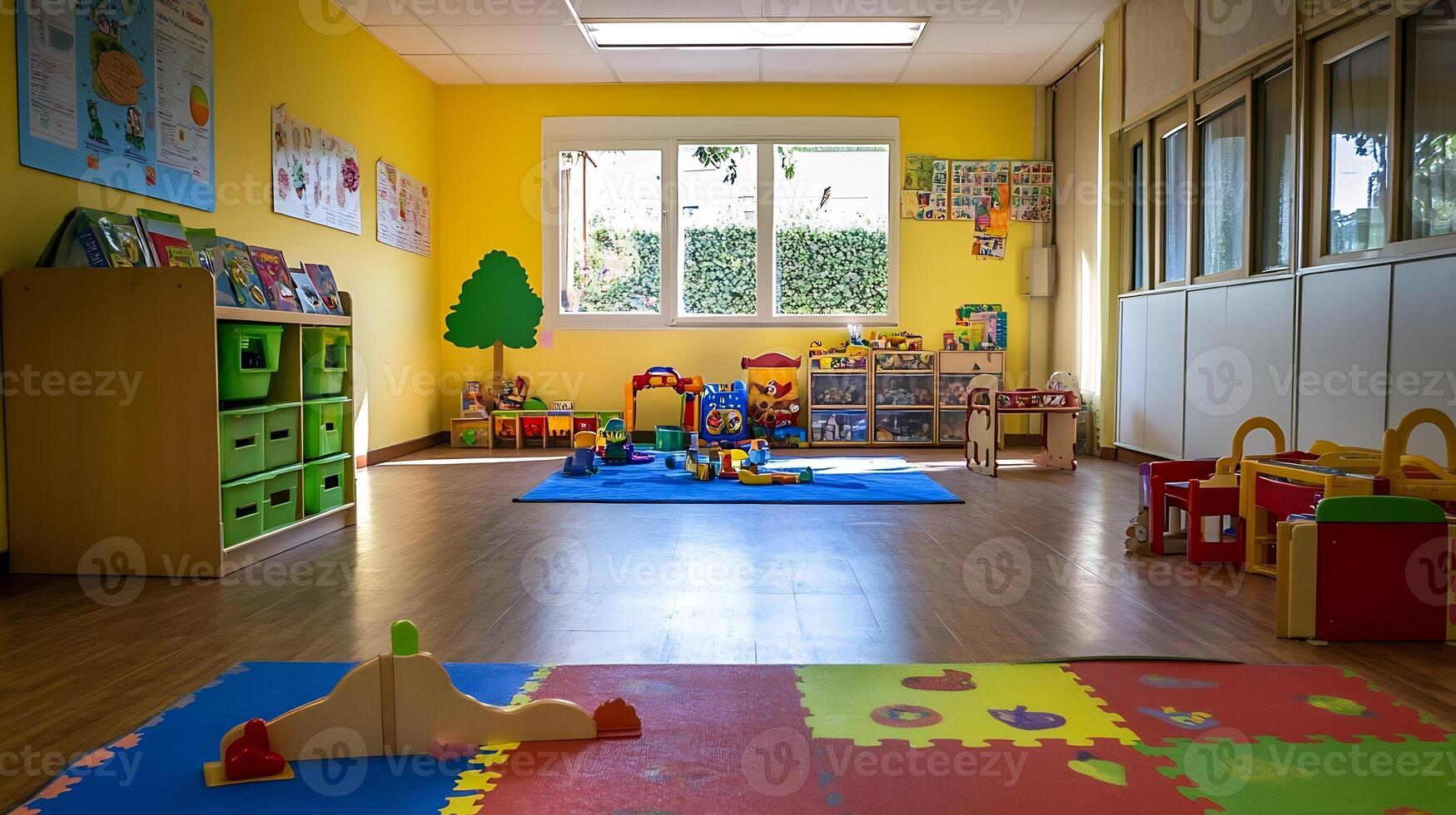 Bright and Cheerful Kindergarten Classroom With Colorful Educational Toys and Learning Materials photo