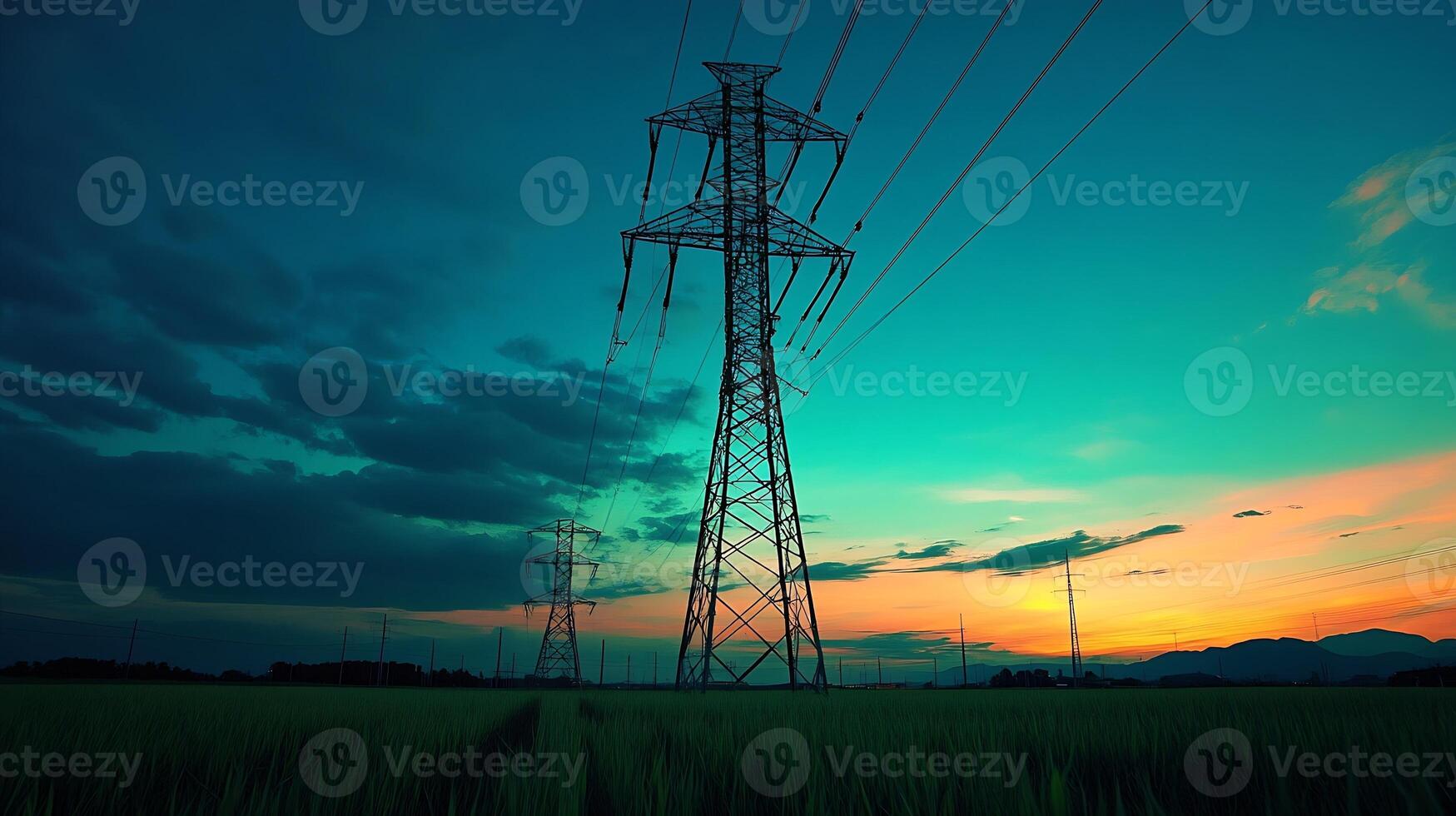 Electricity Transmission Tower Silhouetted Against Sunset Skies with Moody Clouds photo