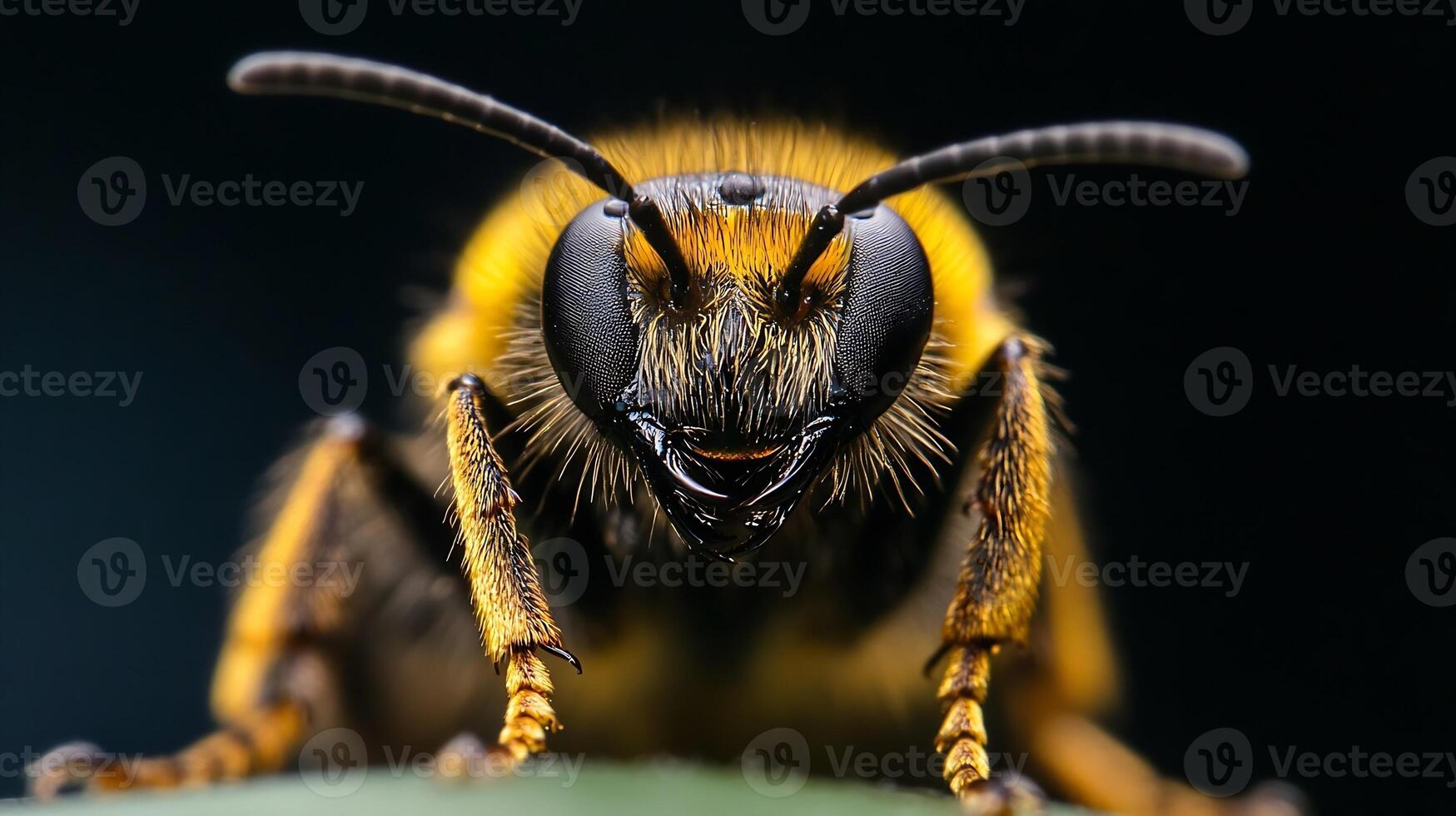 Macro Shot of a Vibrant Bee with Fuzzy Texture and Intricate Wing Details photo