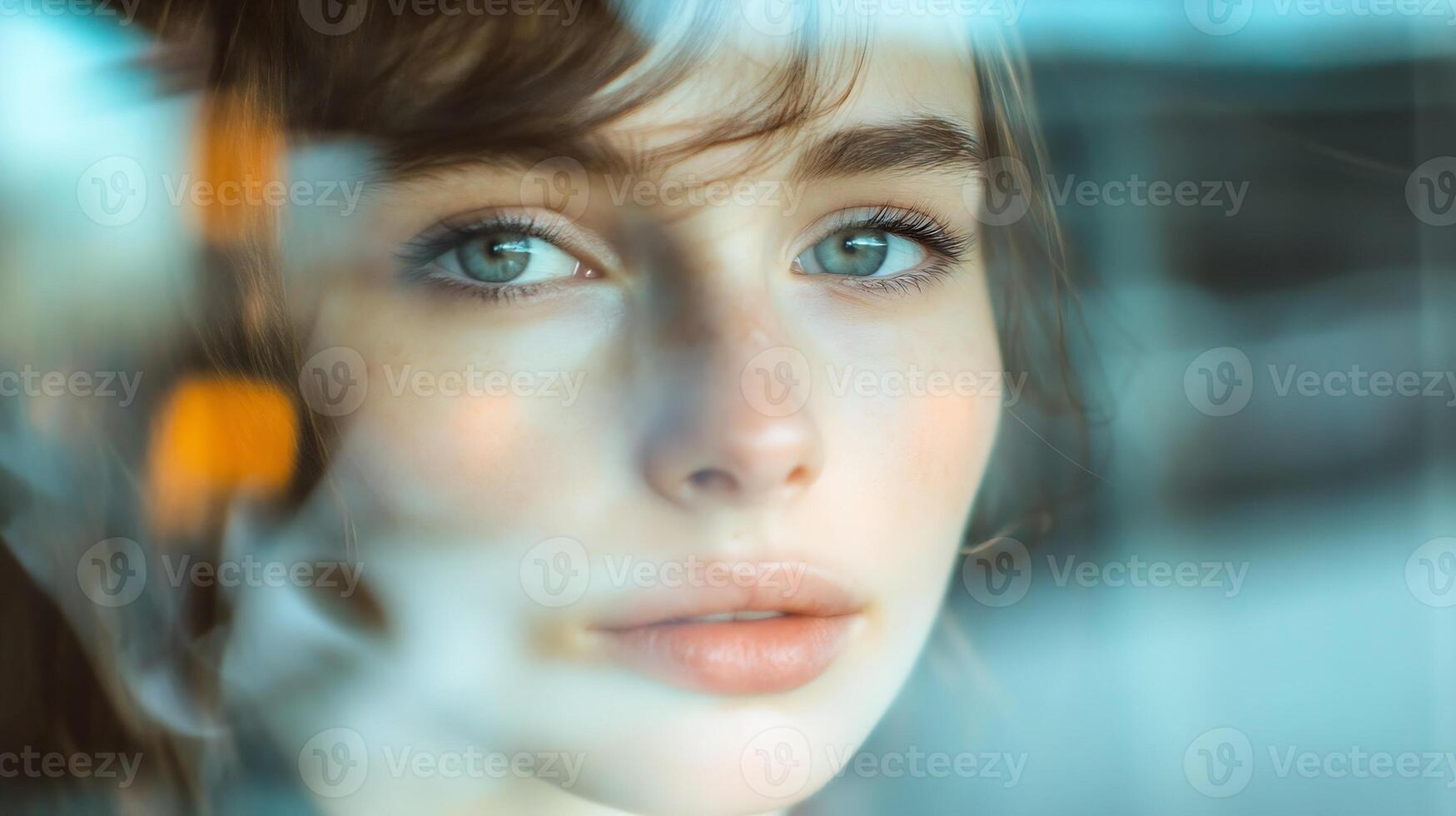 Portrait of a Woman Through Glass with Soft Focus and Natural Light photo