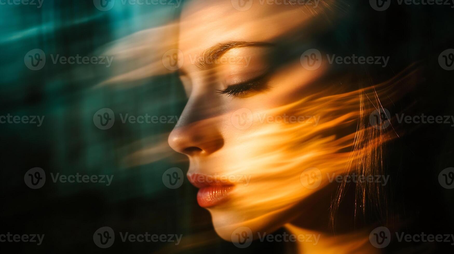 Artistic portrait of a woman with abstract motion and light effects on her face photo