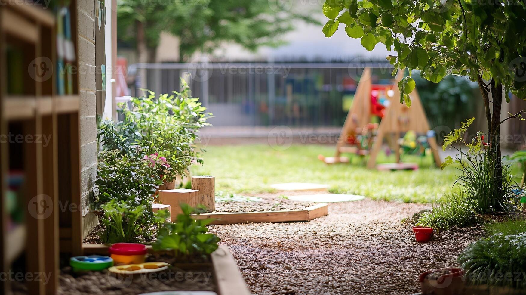 Charming children's playground with various toys set amidst lush garden greenery outdoors photo