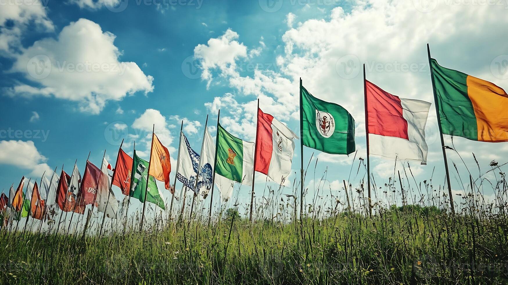 Vibrant Display of International Flags Fluttering in Green Meadow Under Blue Sky photo