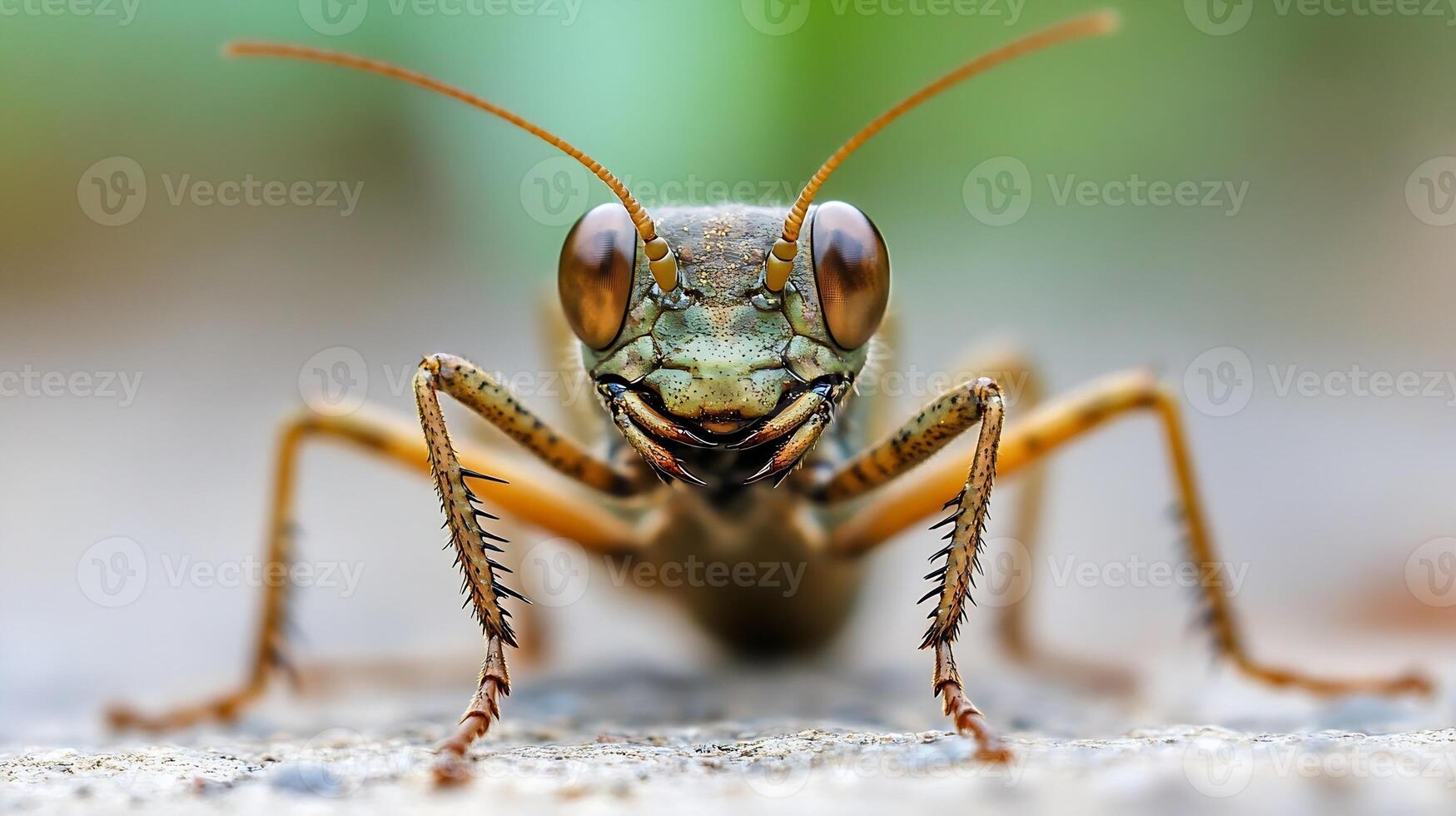 Close-up of a Grasshopper on Ground with Detailed Texture and Colorful Background photo