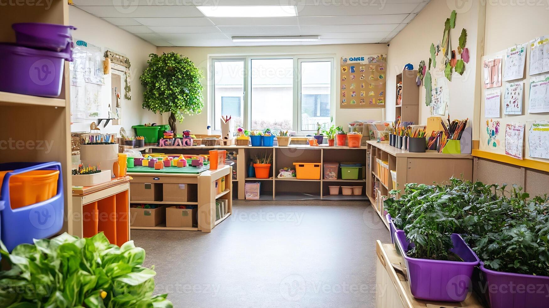 Bright and Inviting Preschool Classroom with Plants and Educational Materials photo