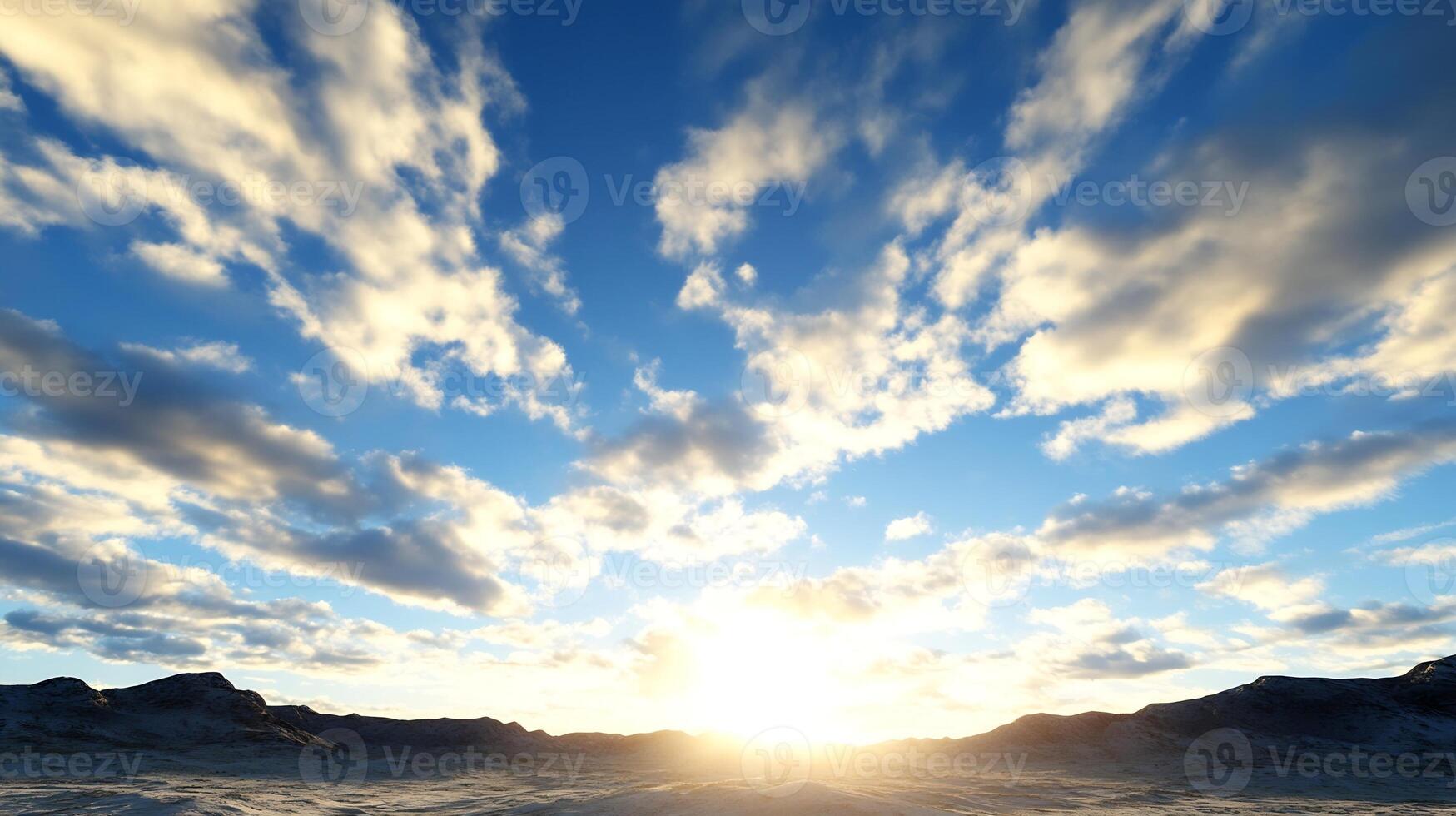Golden Sunset Over Dramatic Cloudscape at Distant Mountain Range Horizon photo