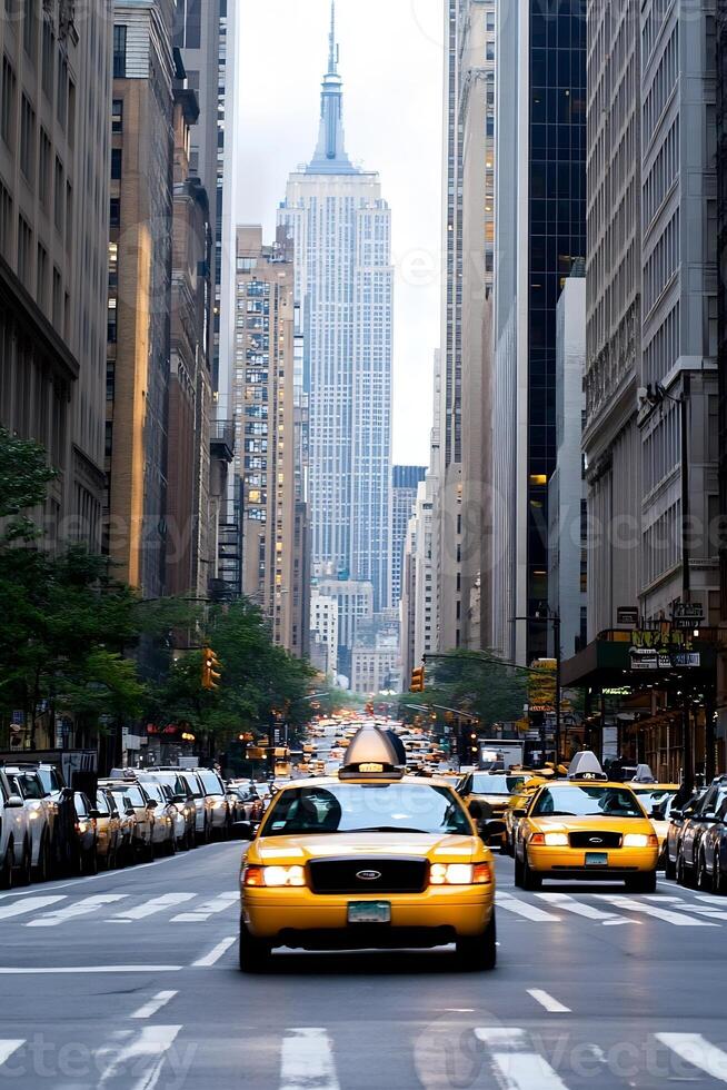Iconic New York City Street with Yellow Taxi Cabs and Skyline View photo