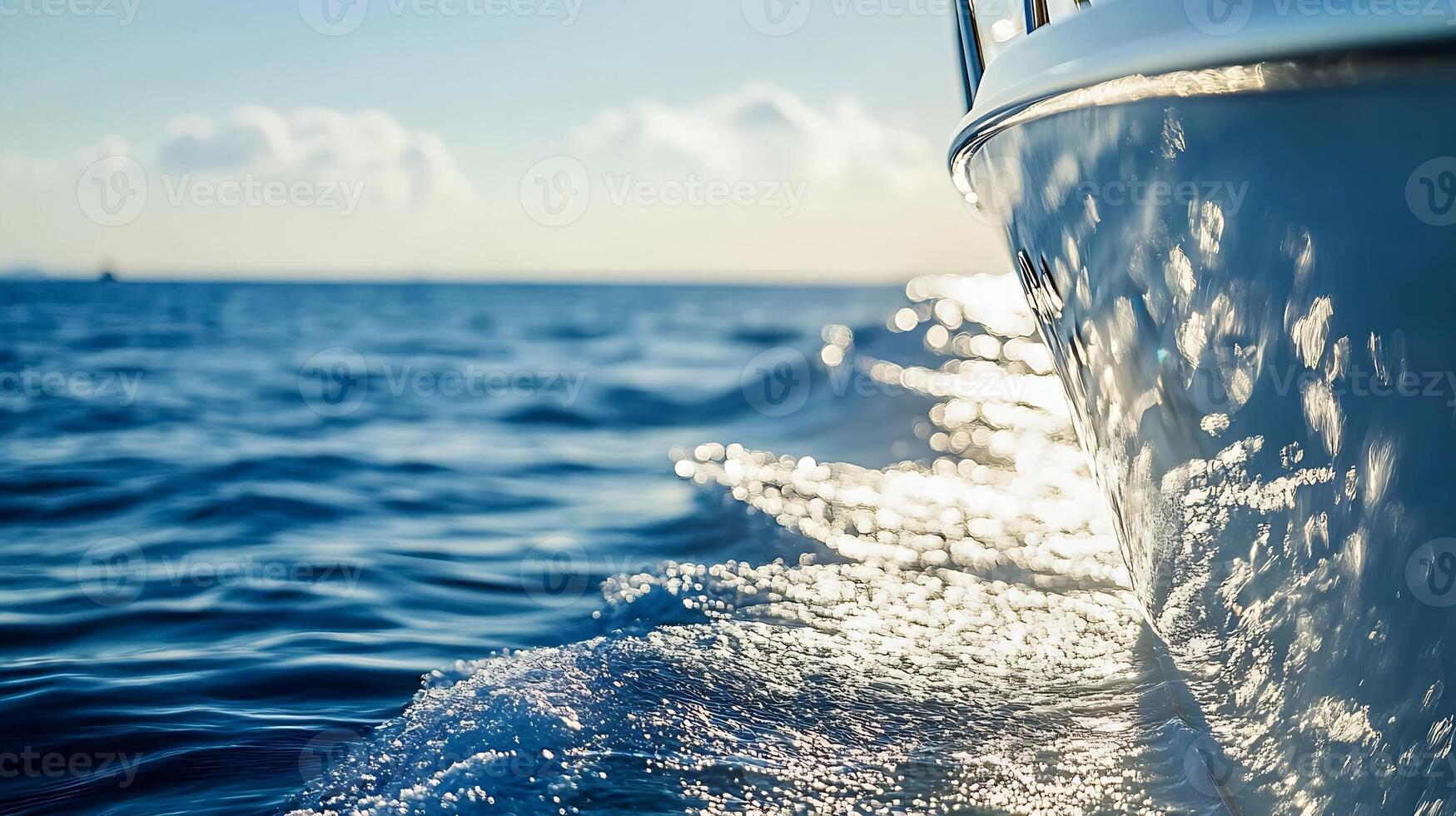Boat Bow Cutting Through Ocean Waves Under Bright Sunny Blue Skies photo