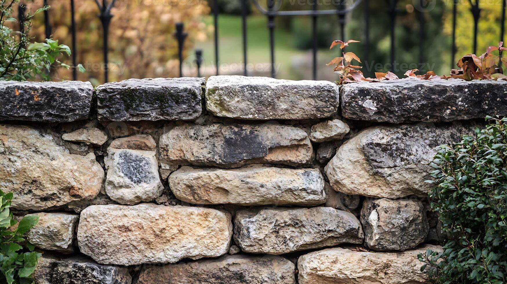 Rustic Stone Wall with Natural Foliage and Autumnal Backdrop photo