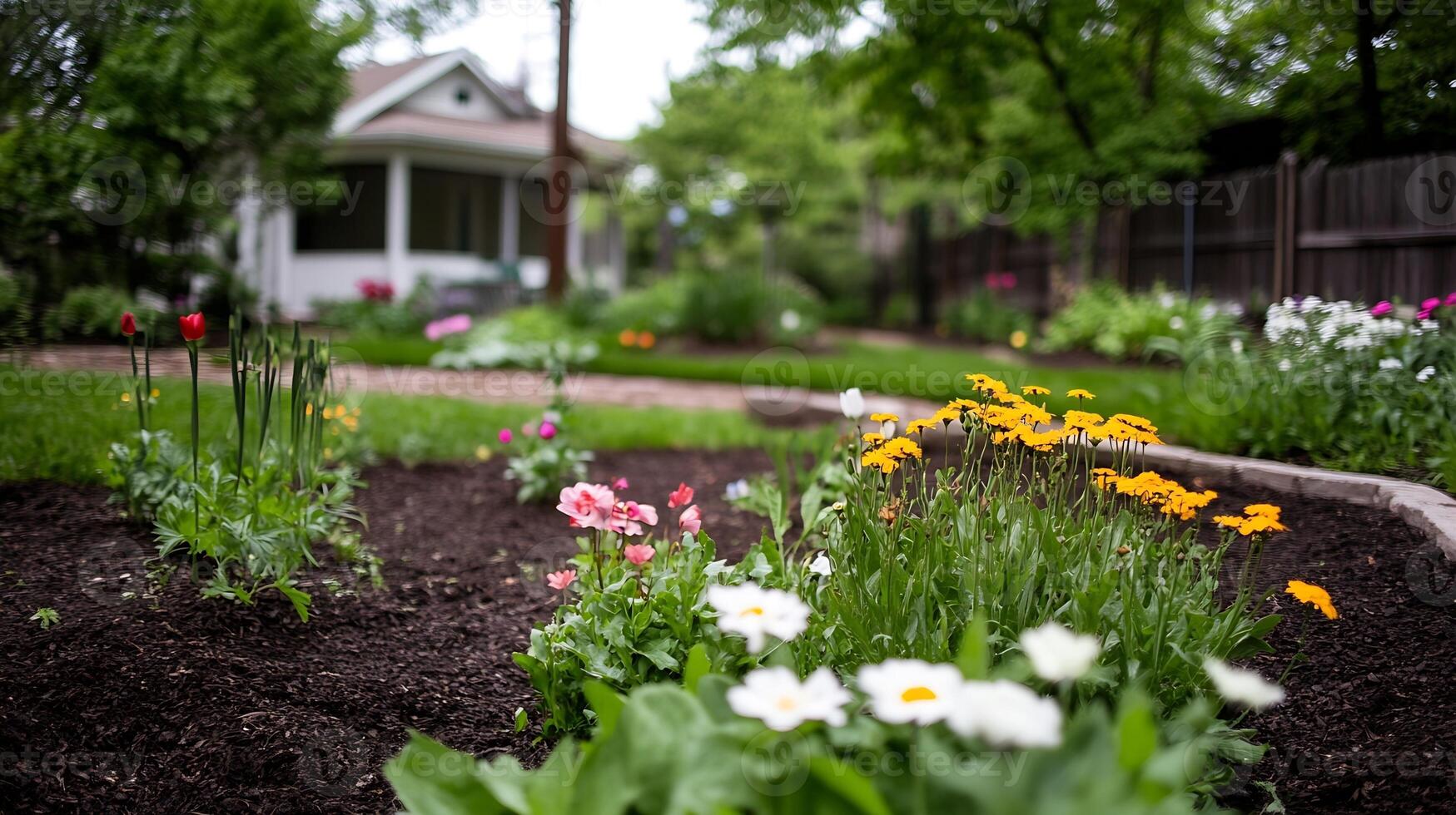Vibrant Spring Garden with Blooming Flowers and Greenery in Suburban Backyard photo