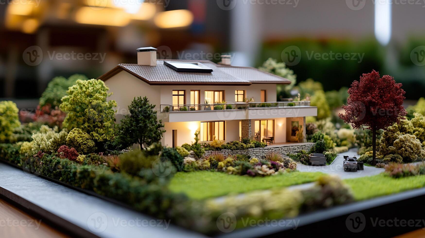 Detailed Architectural Model of a Modern House with Landscaping at Dusk photo