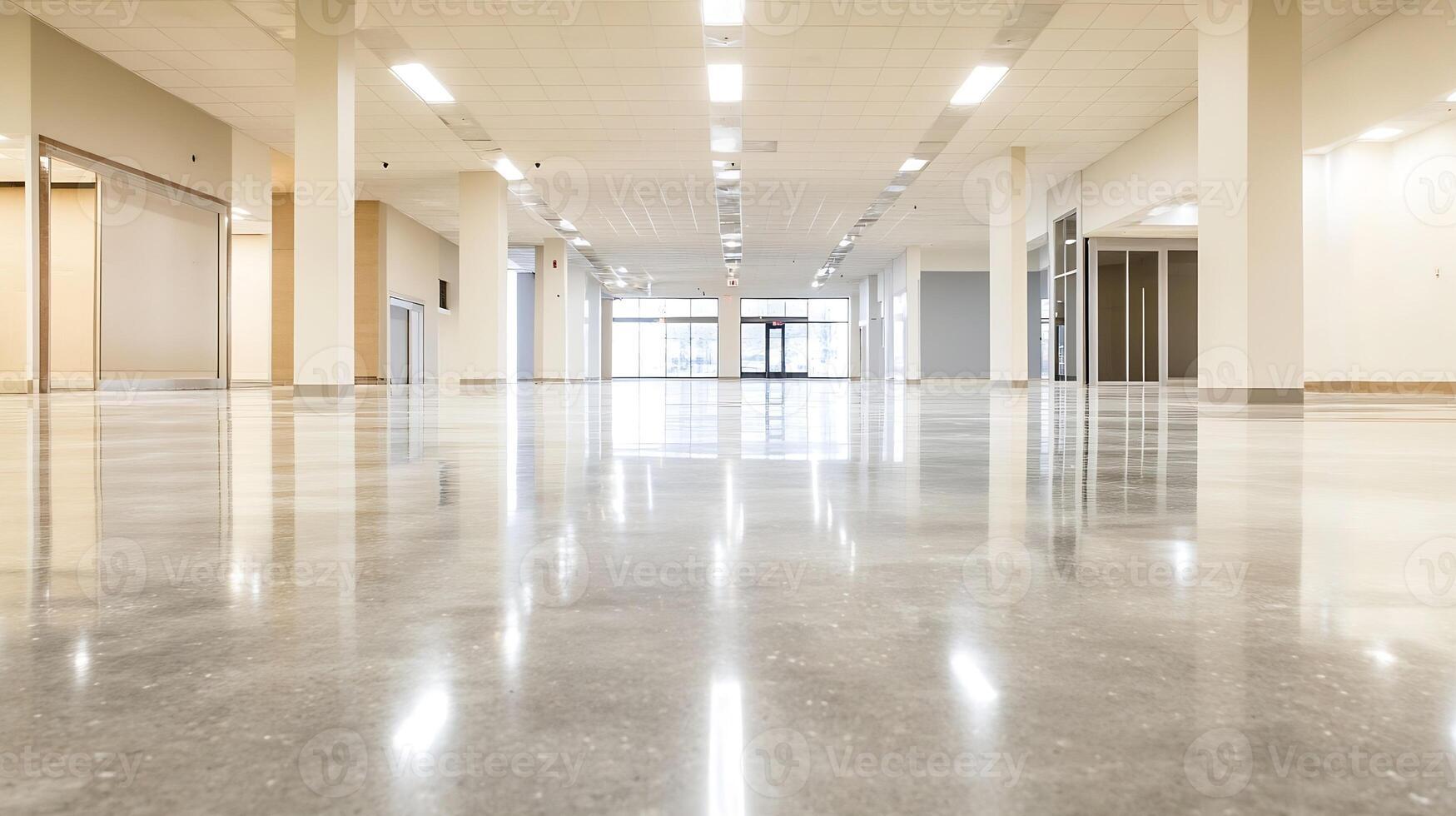 Spacious Bright Empty Interior with Shiny Polished Floors and Overhead Lighting photo