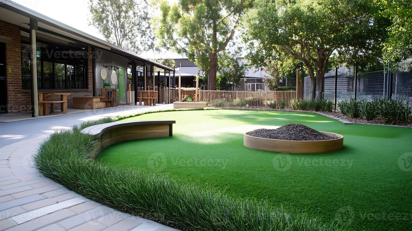 Modern Educational Facility With Lush Green Playground Surrounded By Trees Creating Tranquil Learning Environment photo
