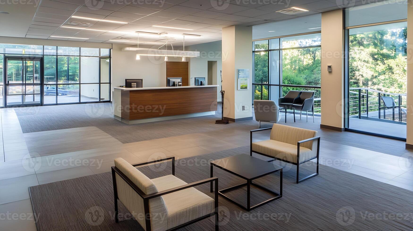 Modern Office Reception Area with Large Windows Overlooking Green Outdoor Space and Bright Interior Design photo