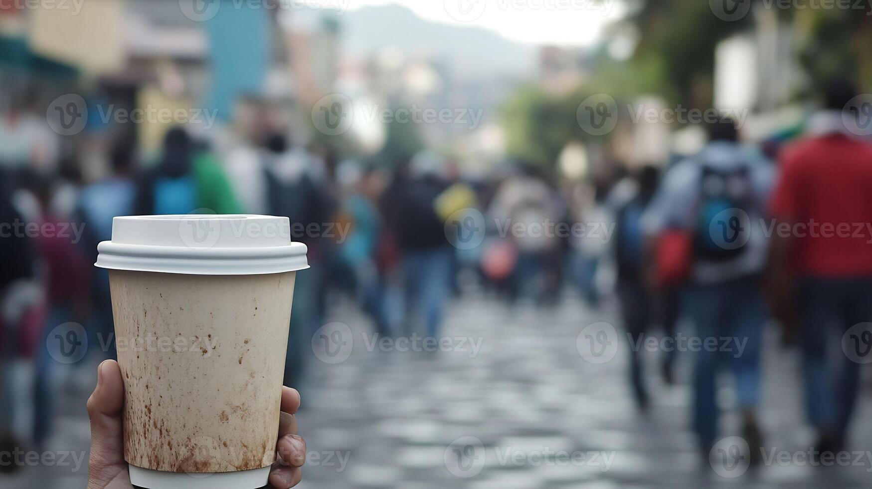 Hand Holding Coffee Cup on Busy Urban Street Background with Blurred Pedestrians photo