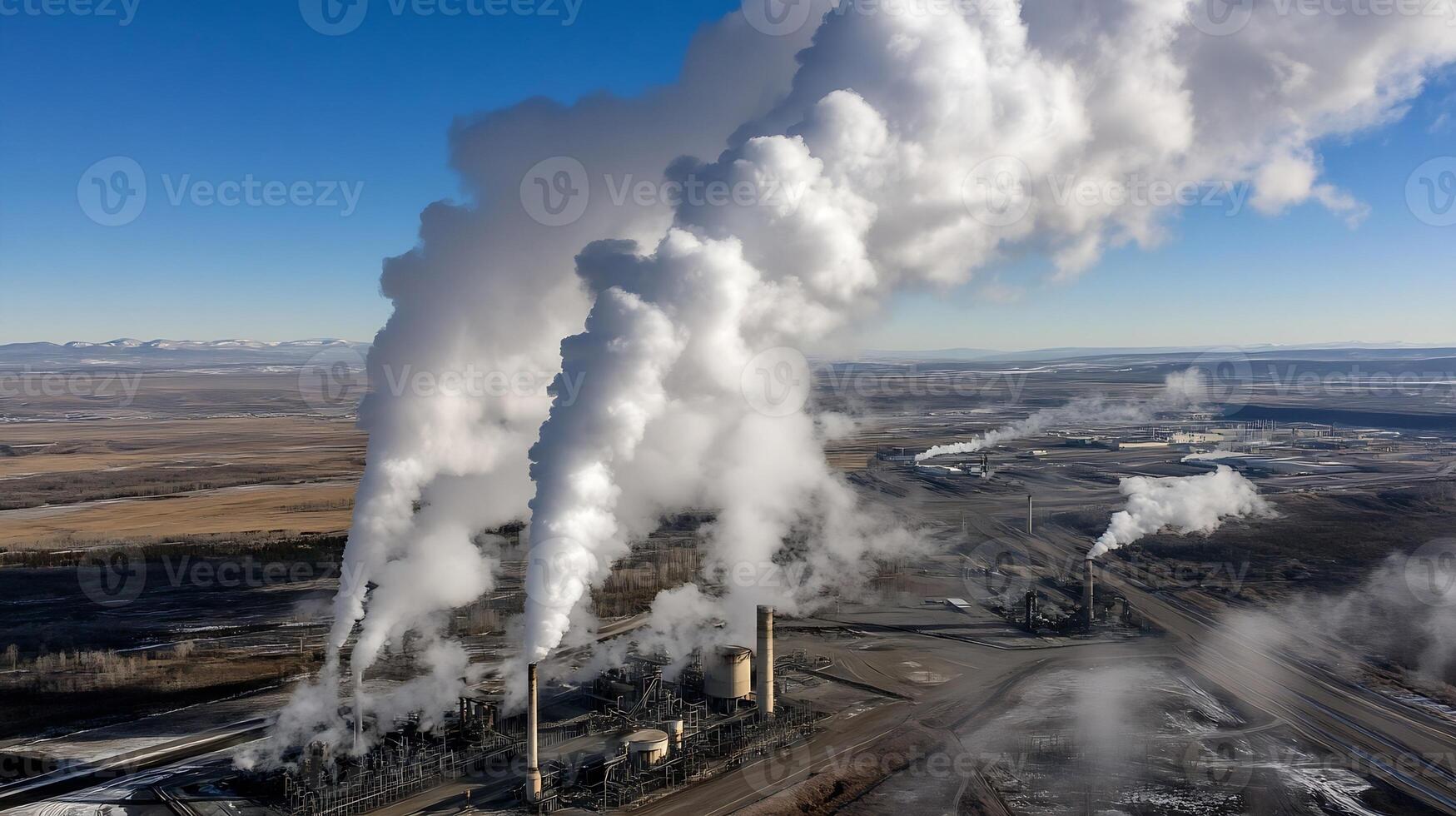 Industrial power plant emitting large steam clouds into the sky with vast open land in the view photo