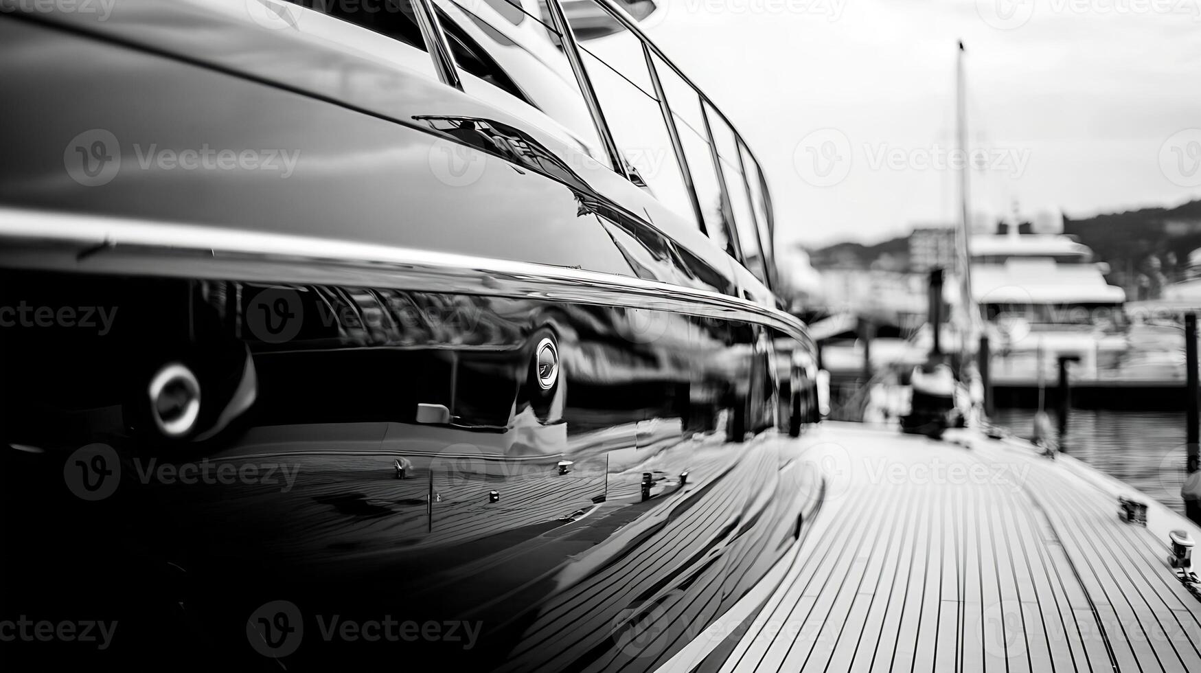 Sleek Modern Yacht with Reflective Surface Docked in Marina Black and White Photography photo