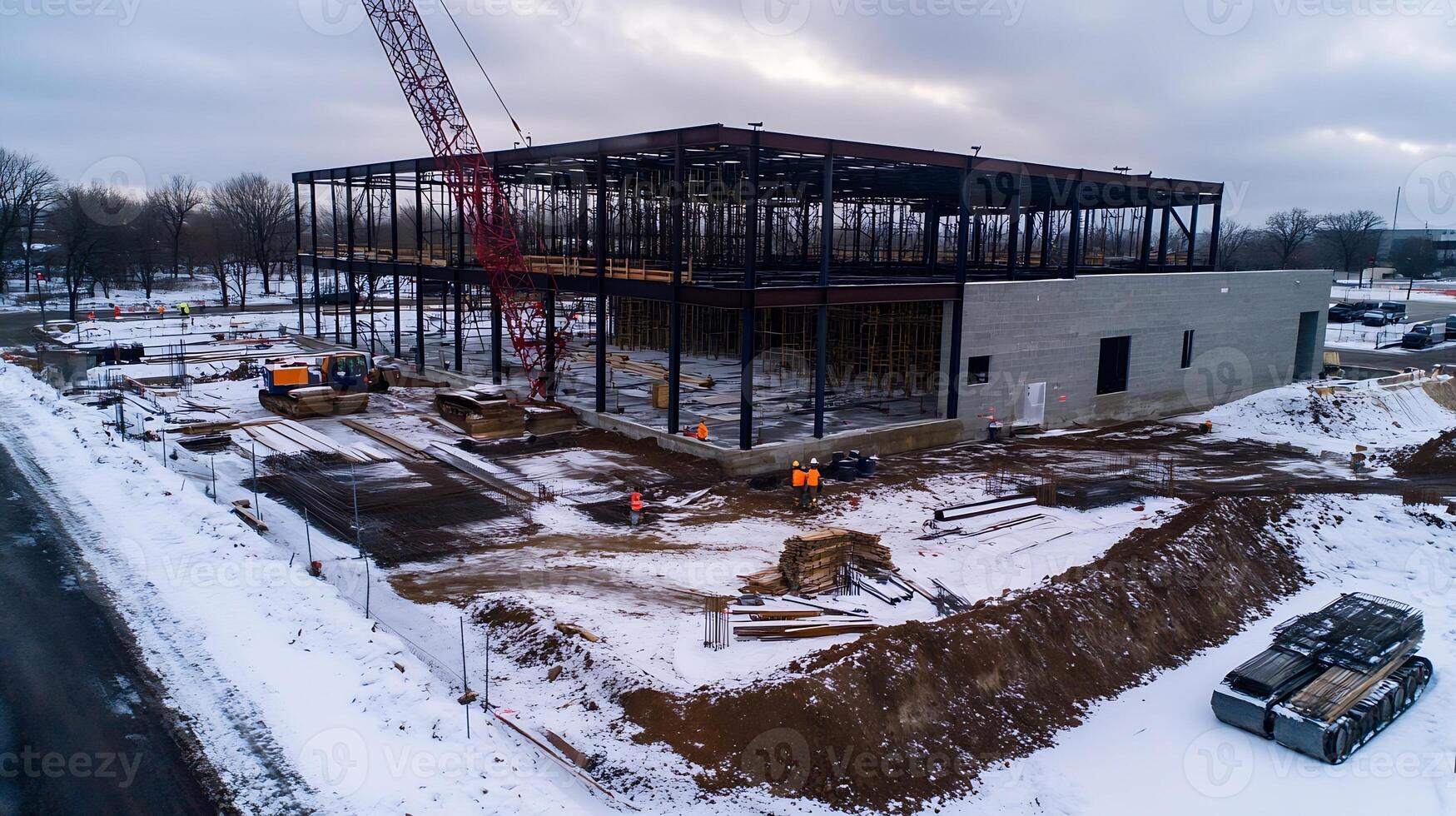 Industrial Construction Site with Steel Frame and Snow Covered Landscape photo