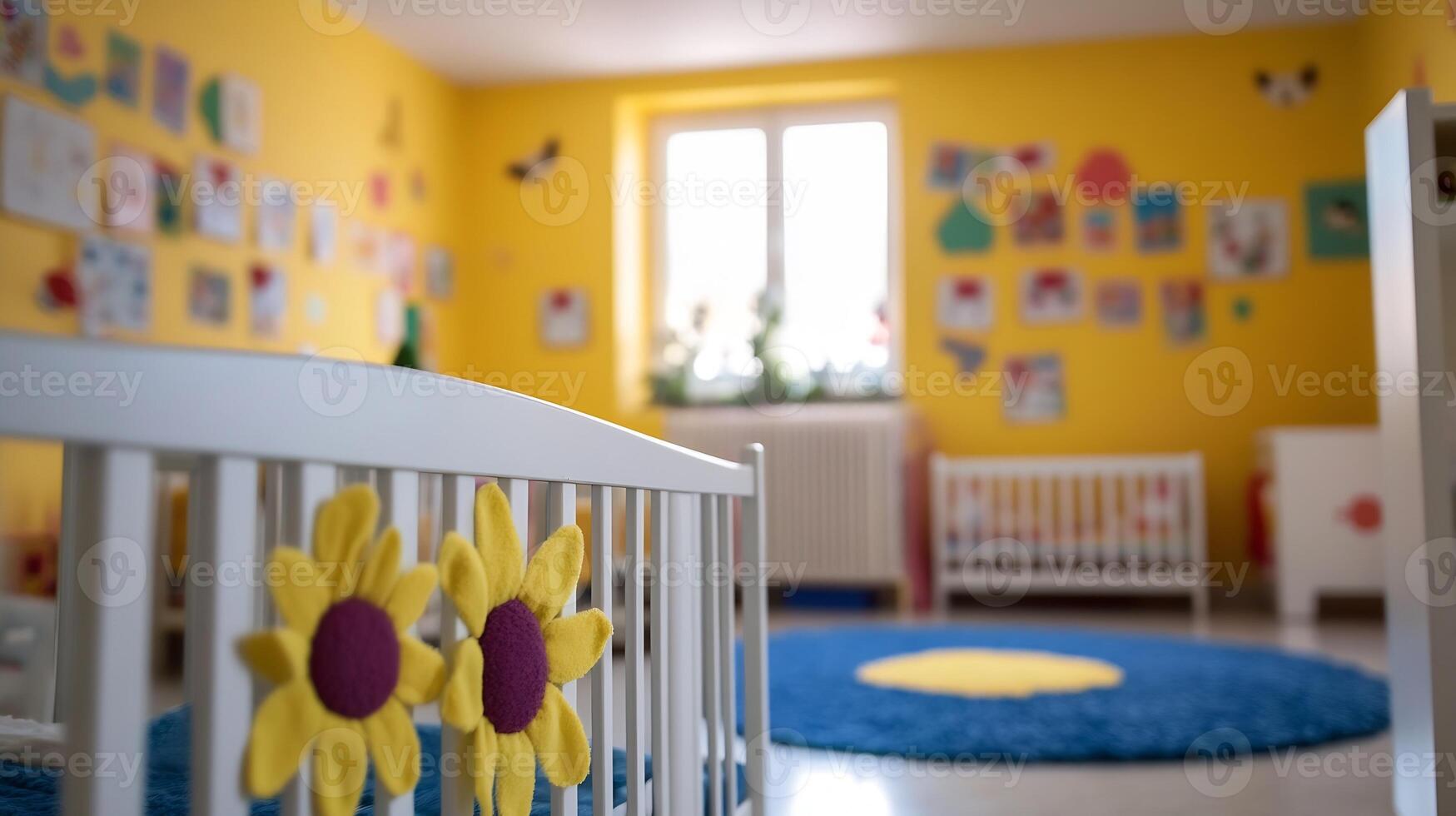 Bright and Cheerful Kindergarten Classroom with Sunflower Decor and Colorful Walls photo