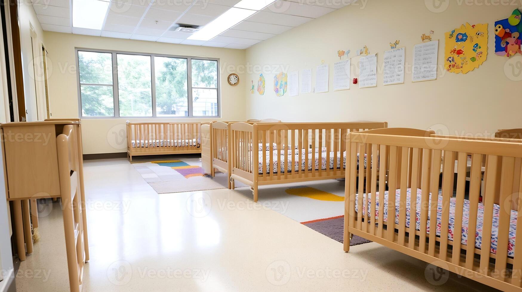 Daycare classroom with multiple cribs and playful decorations creating a nurturing atmosphere for toddlers photo