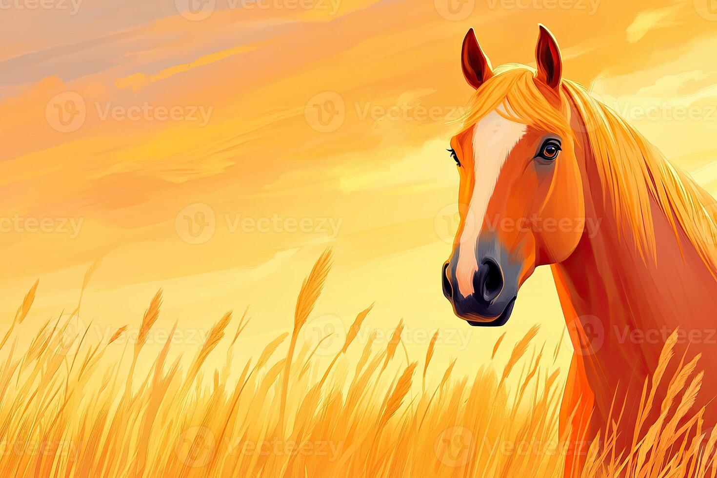 Horse standing in a golden meadow during a warm sunset with vibrant orange sky and soft grass swaying gently photo