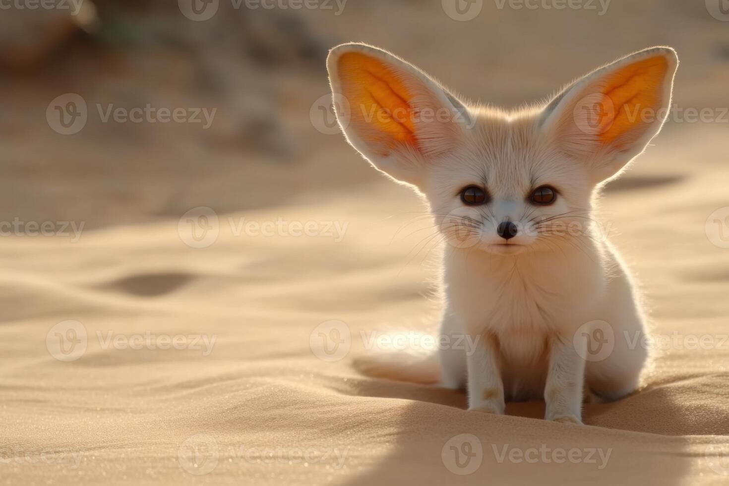 Fennec fox sitting on terracotta sand in the desert, exhibiting playful curiosity with oversized ears highlighted by soft gray shadows photo
